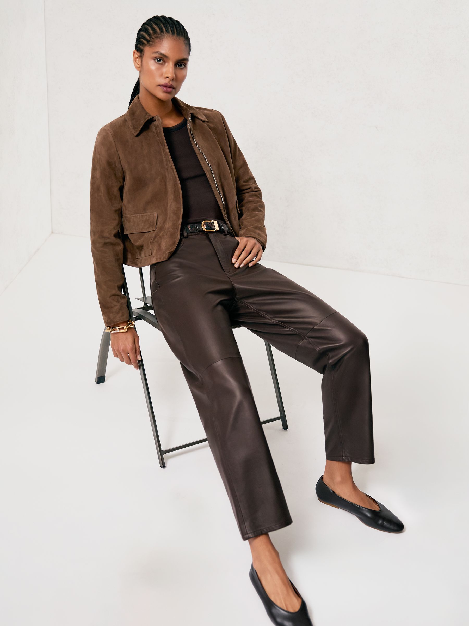 Leather Slim-Leg Trousers in Chocolate