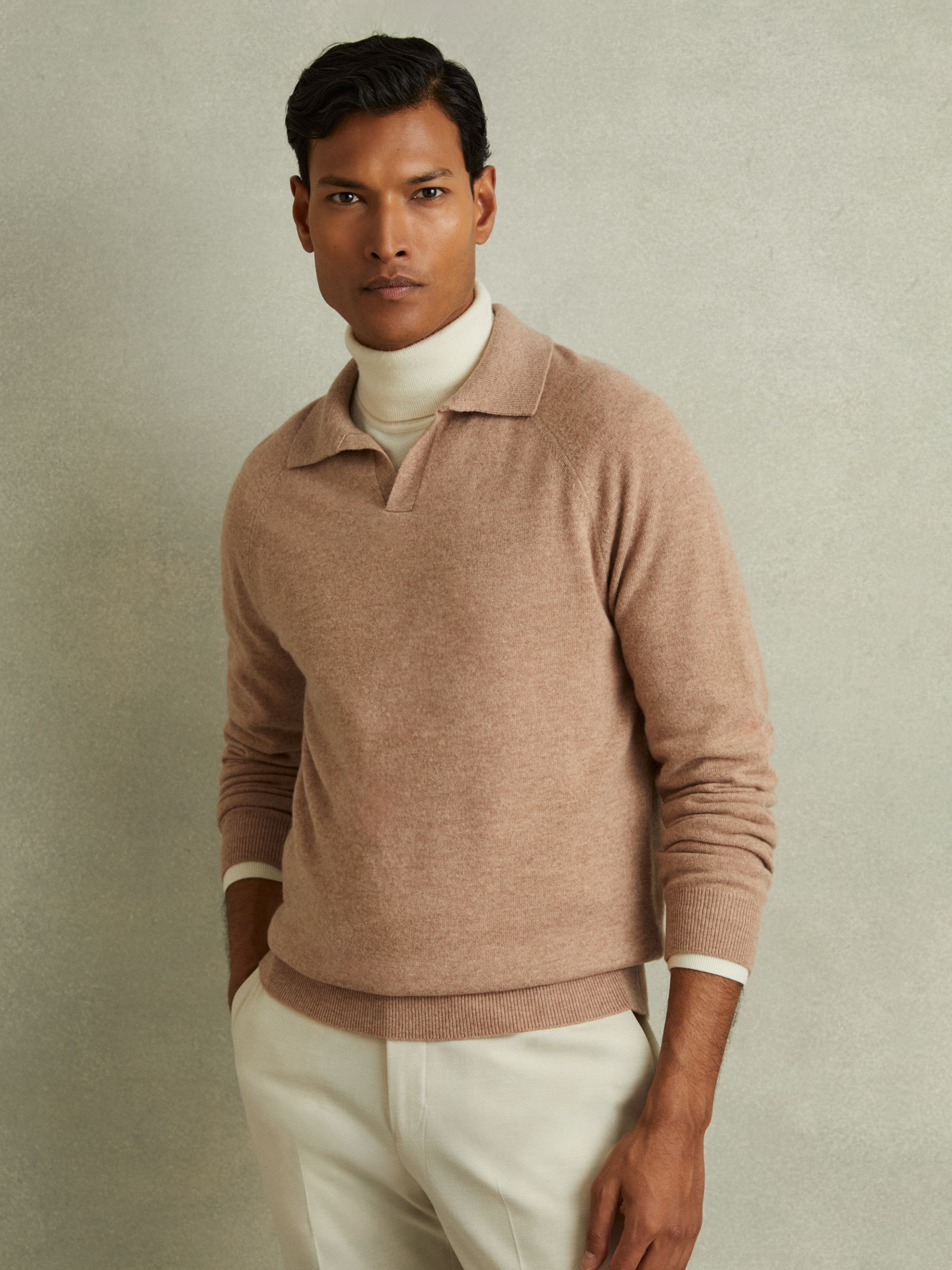 Wool-Cashmere Open-Collar Polo Shirt in Soft Camel