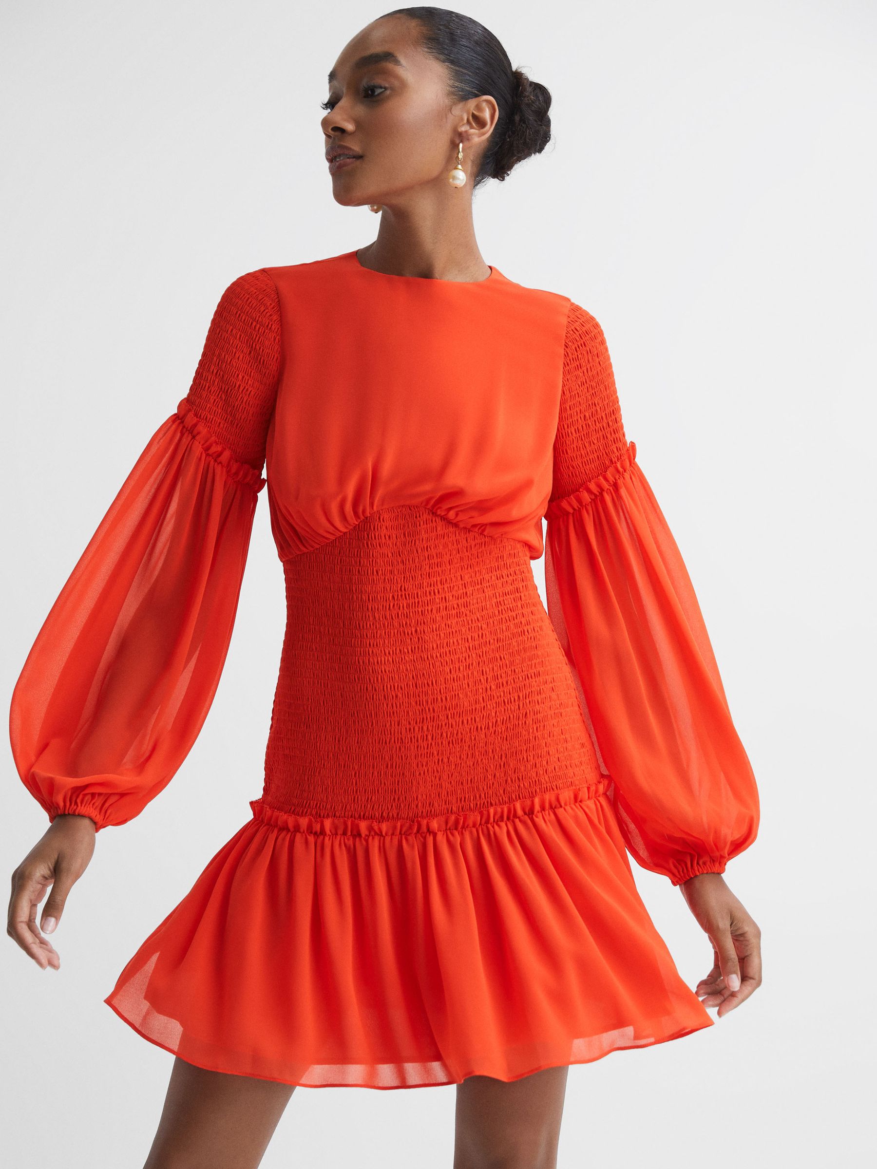 Florere Round Neck Shirred Mini Dress in Bright Orange