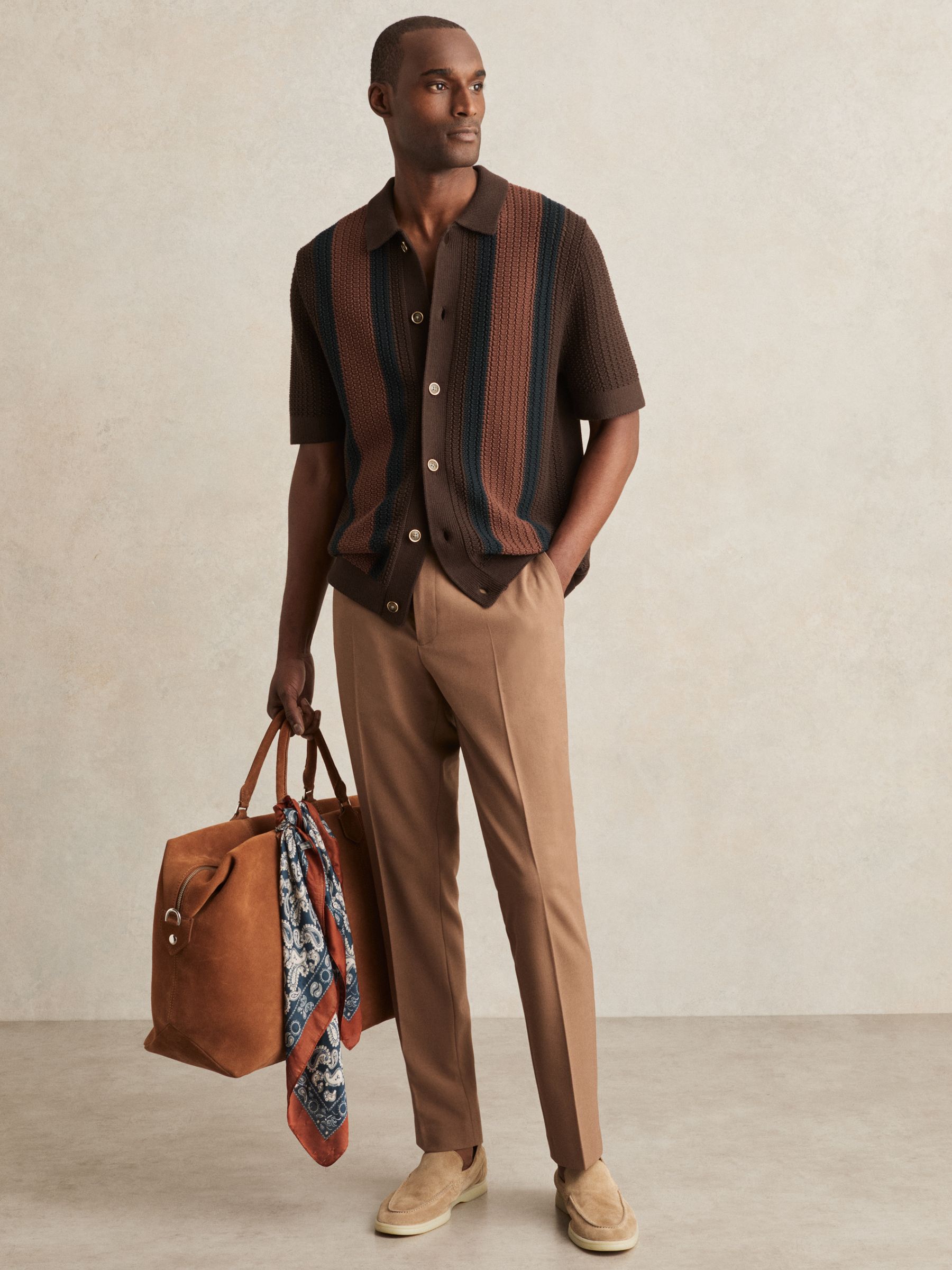 Cotton Textured-Knit Stripe Shirt in Brown Multi