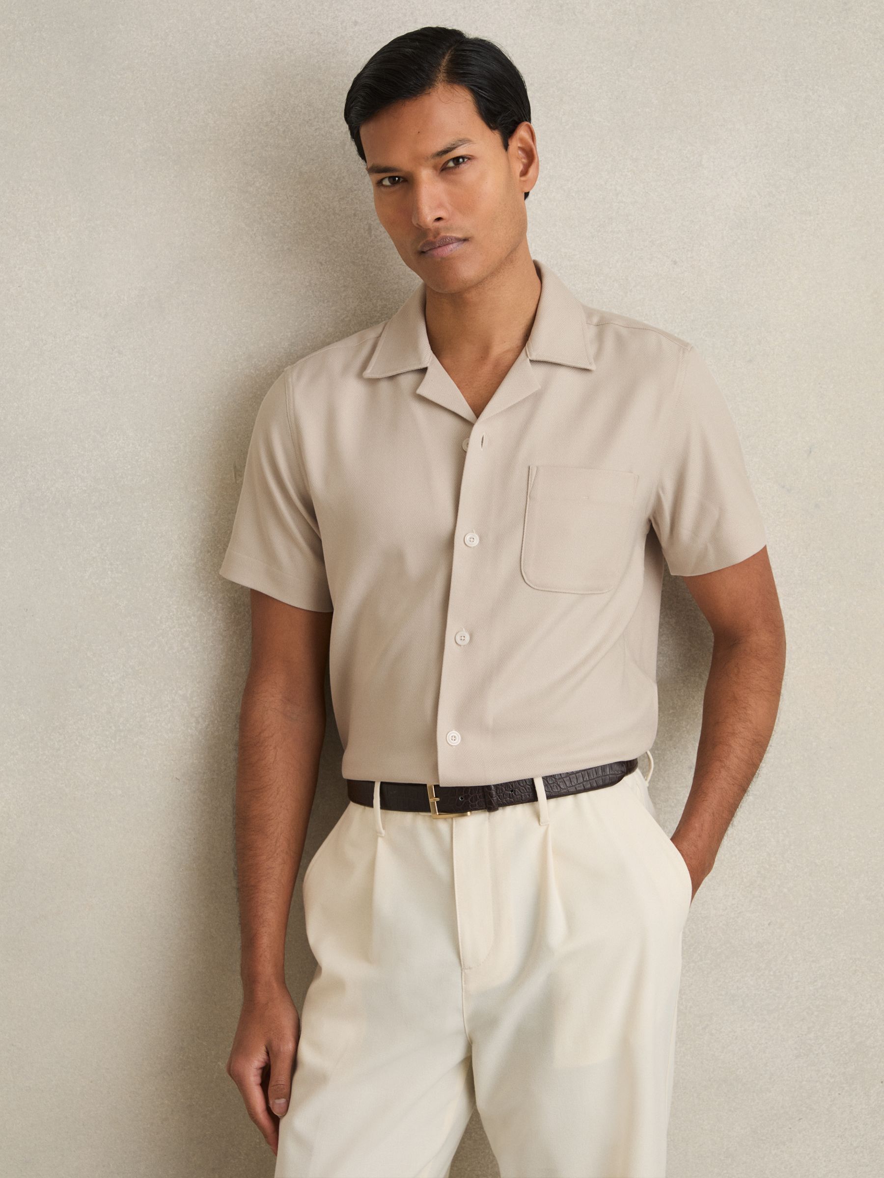 Herringbone Twill Cuban Collar Short Sleeve Shirt in Stone