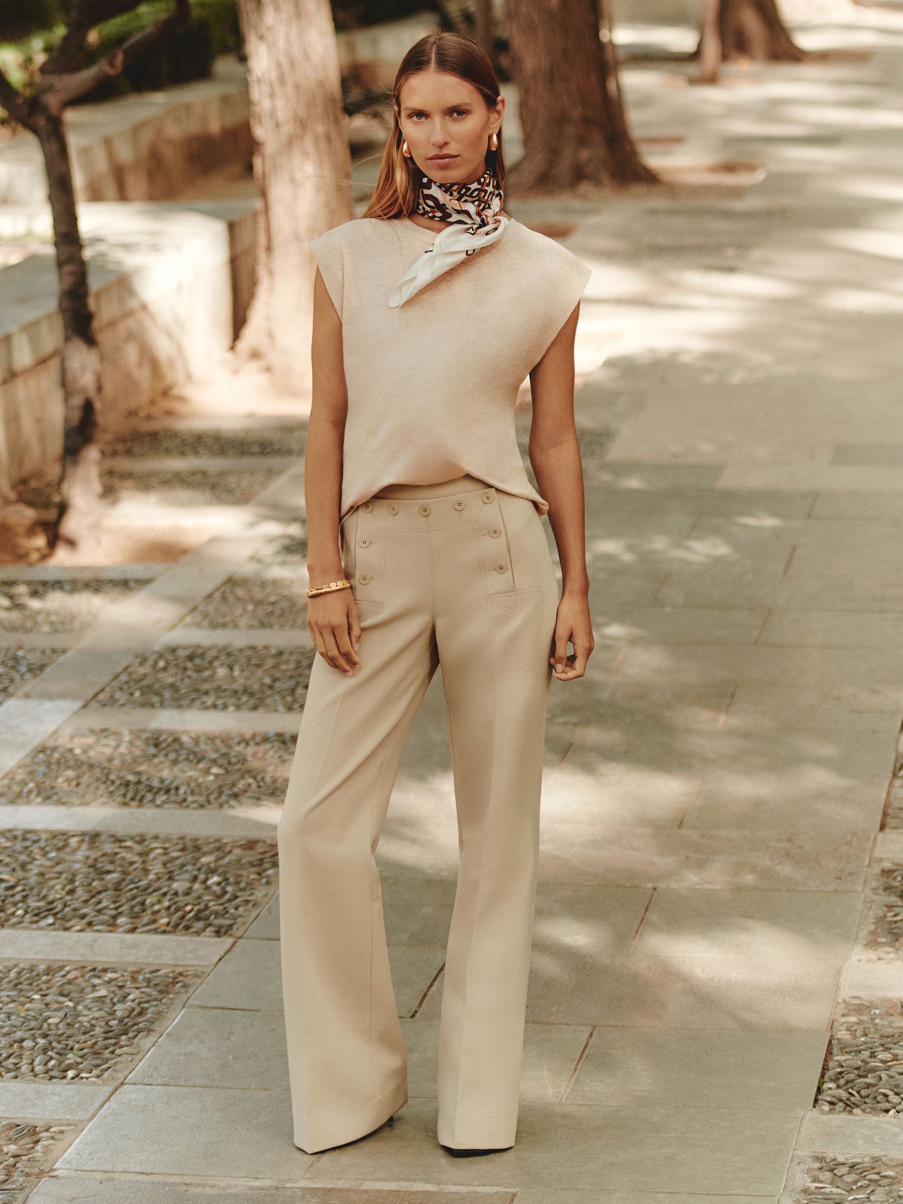 Button-Detail Wide-Leg Trousers in Neutral