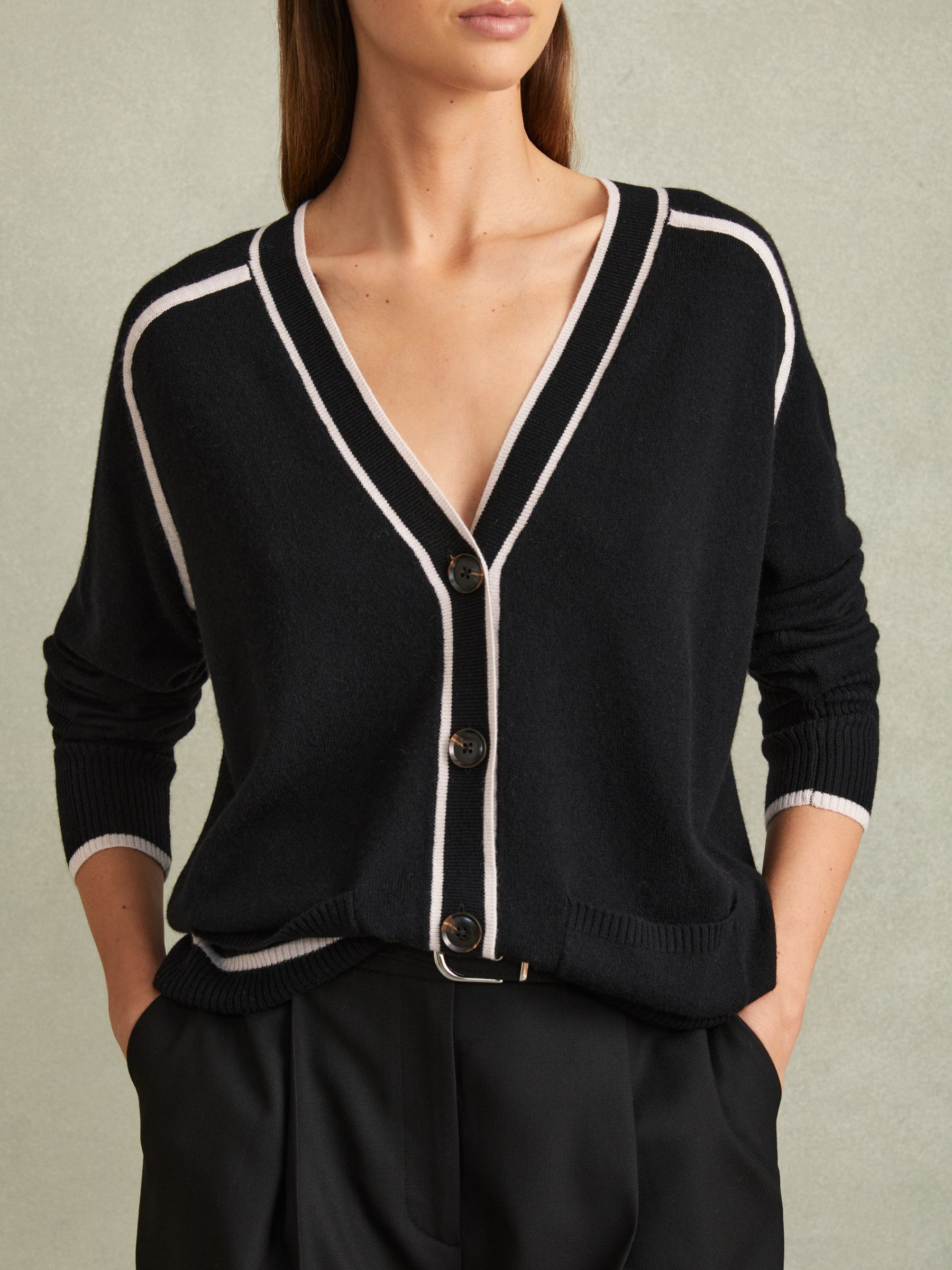 Wool Blend Contrast Tipped Cardigan with Cashmere in Black/Stone