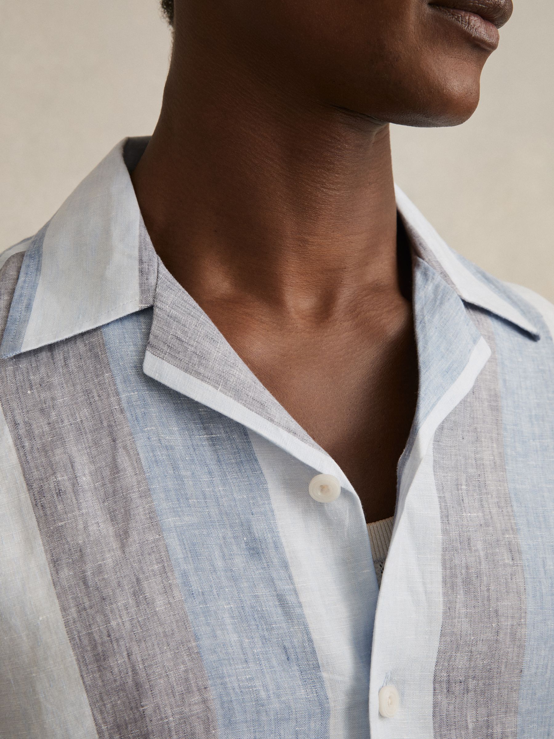Stripe Cuban Collar Shirt in Wide Stripe Blue Multi