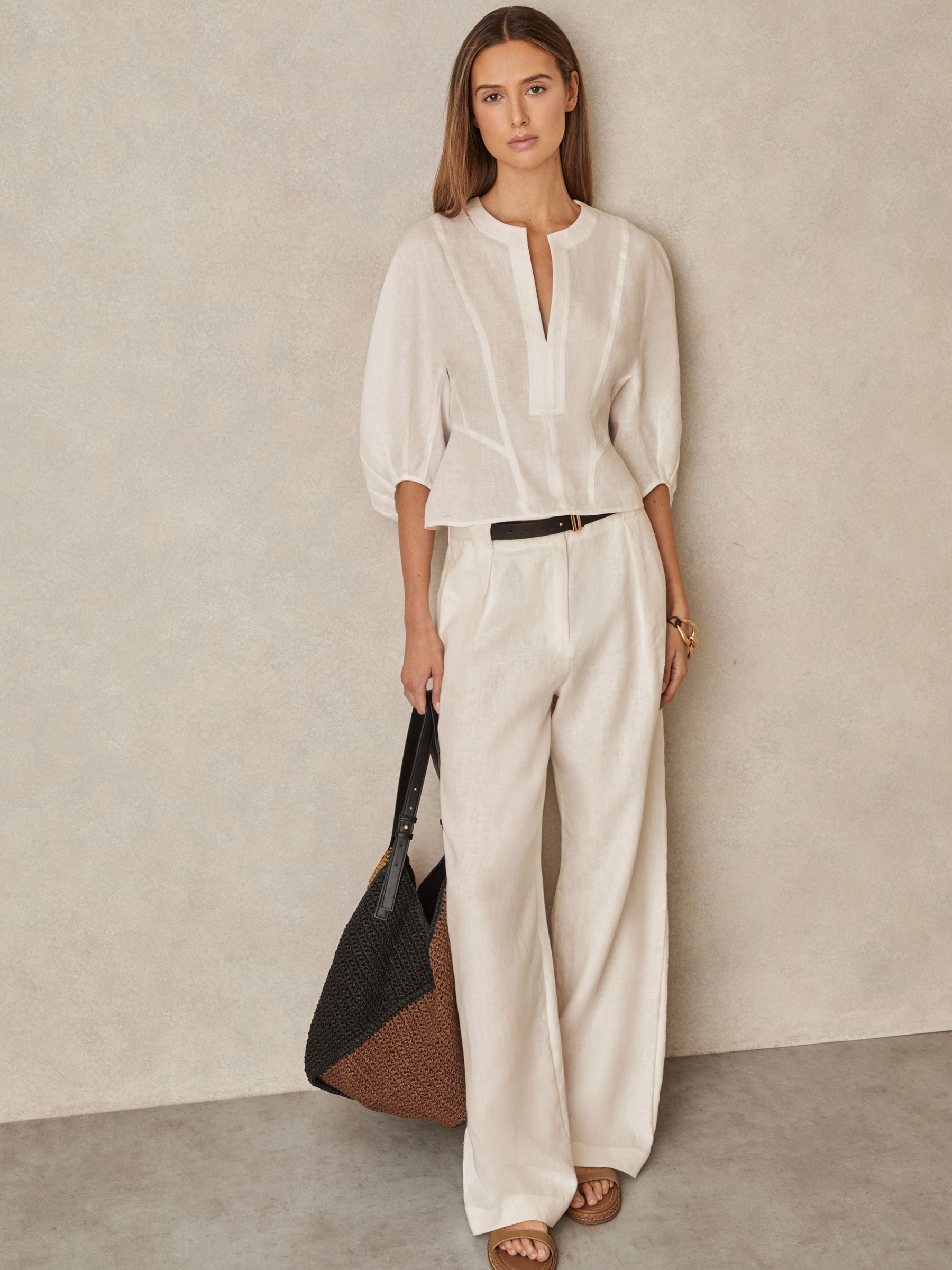 Linen Balloon-Sleeve Top in Ivory