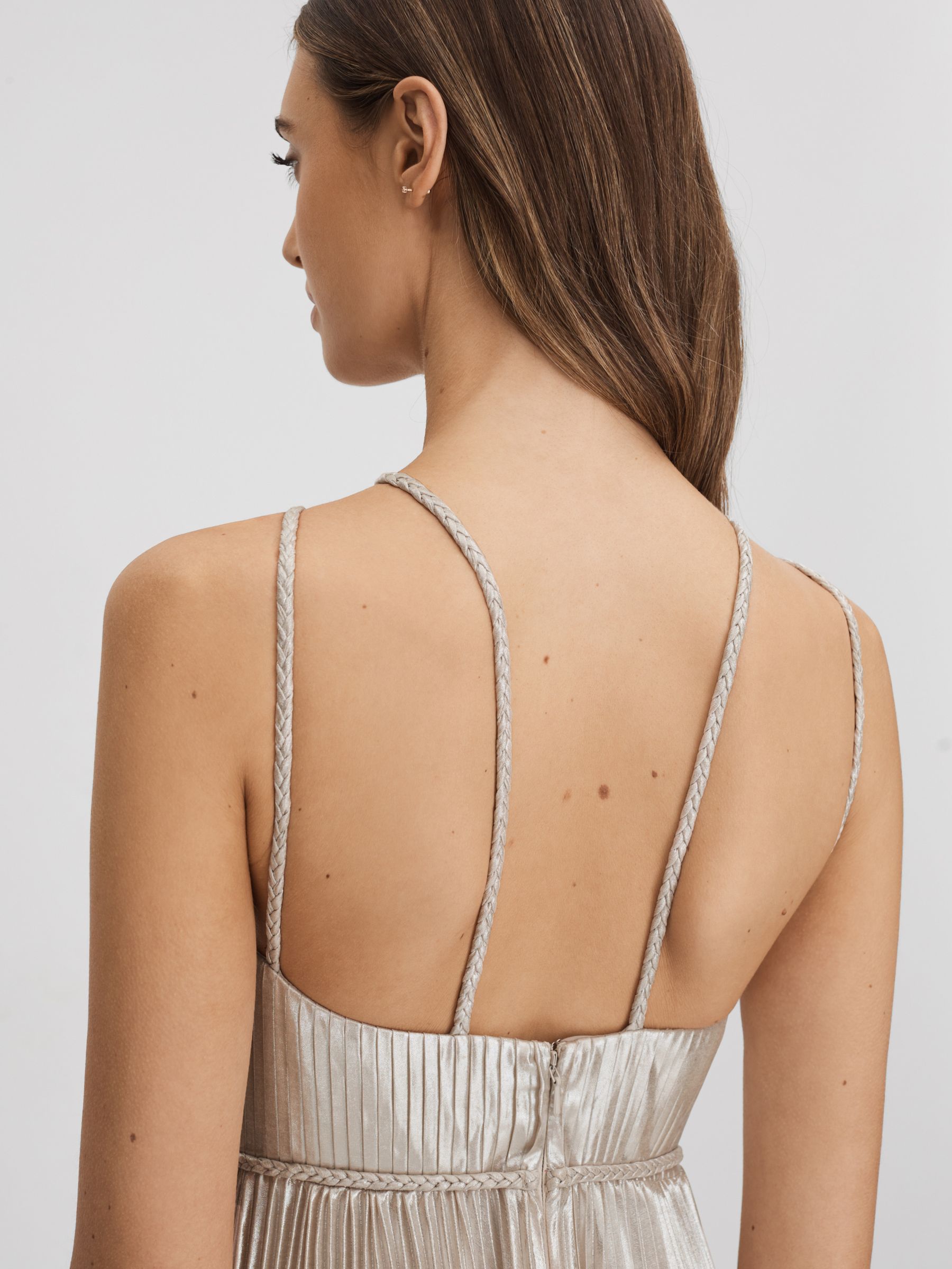 Halston Metallic Pleated Maxi Dress in Nude