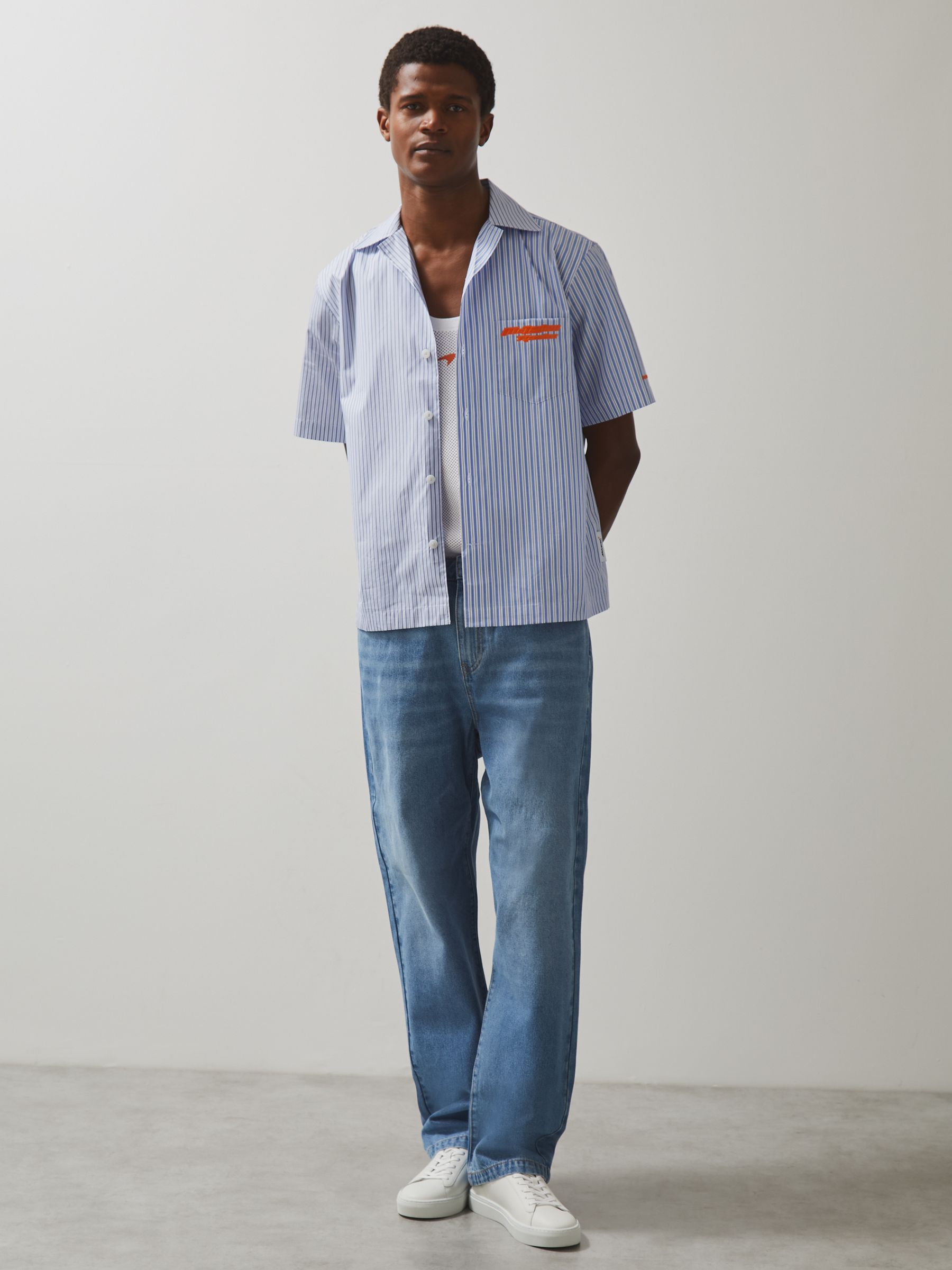 McLaren F1 Team Cuban Collar Striped Shirt in Soft Blue/White