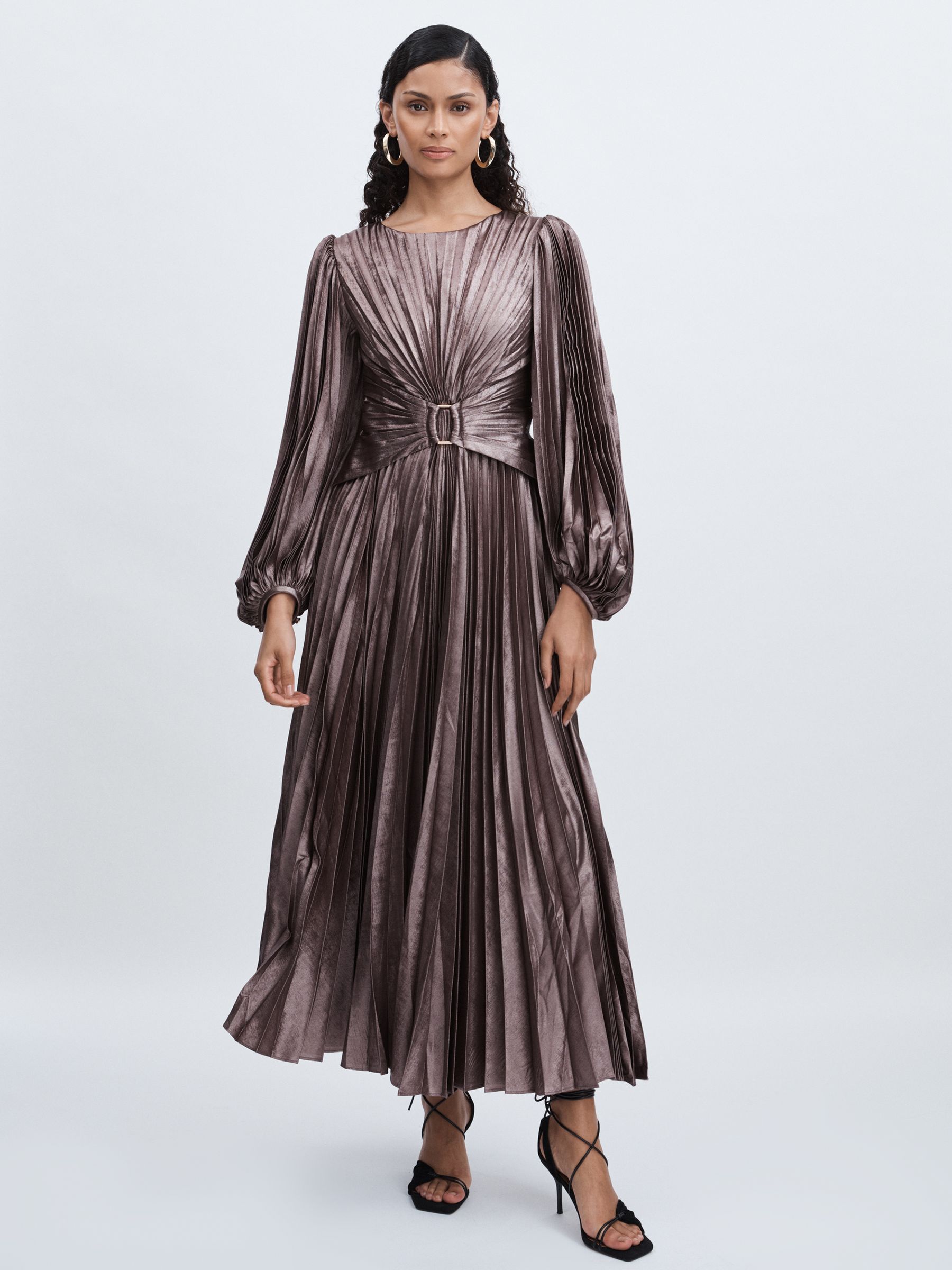 Acler Satin Pleated Midi Dress in Coffee
