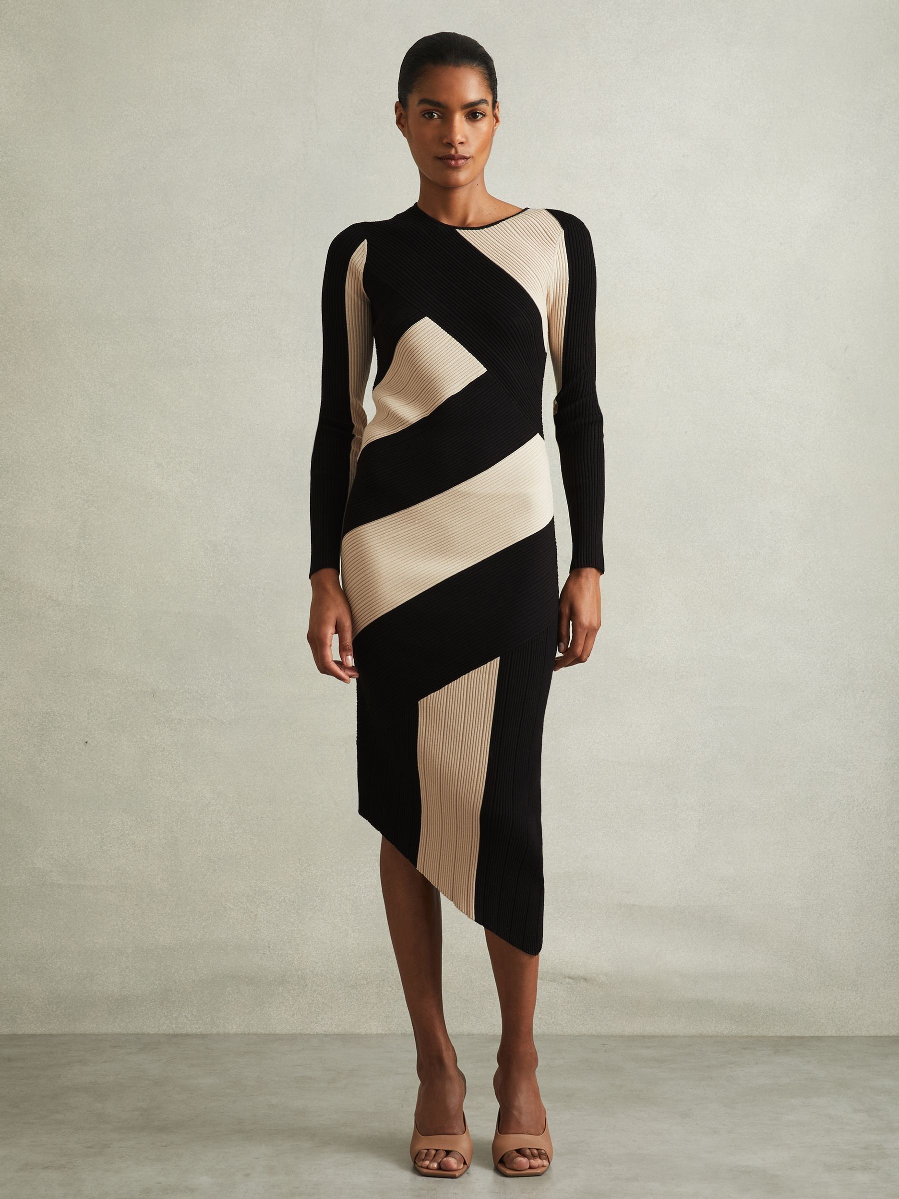Petite Knitted Colourblock Asymmetric Midi Dress in Black/Camel