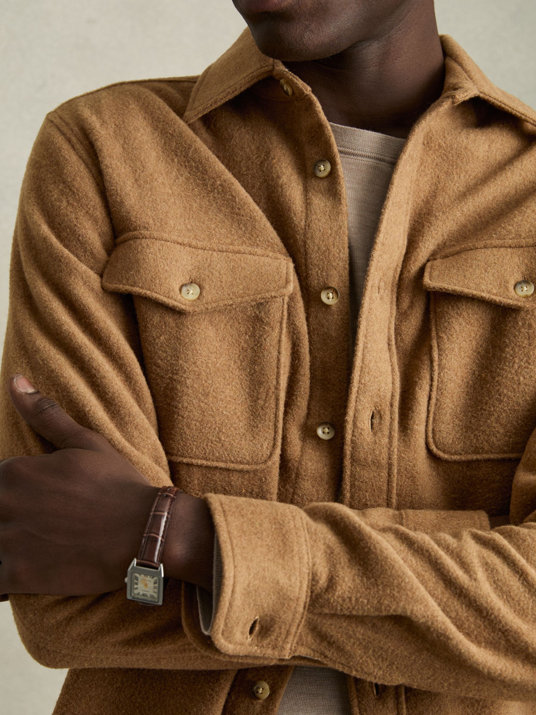 Twin-Pocket Overshirt With Wool in Camel
