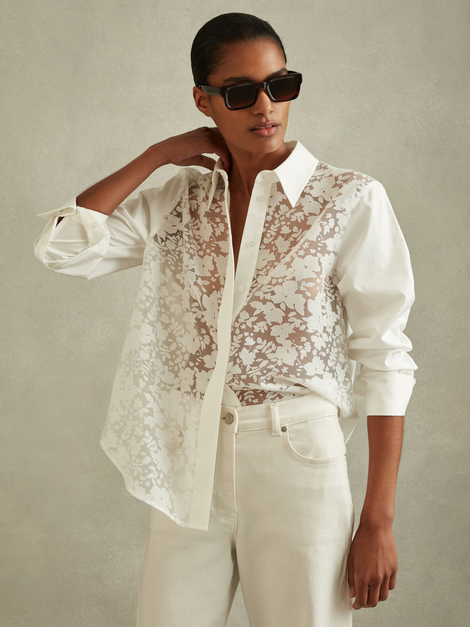 Cotton Burnout Floral Shirt in Ivory