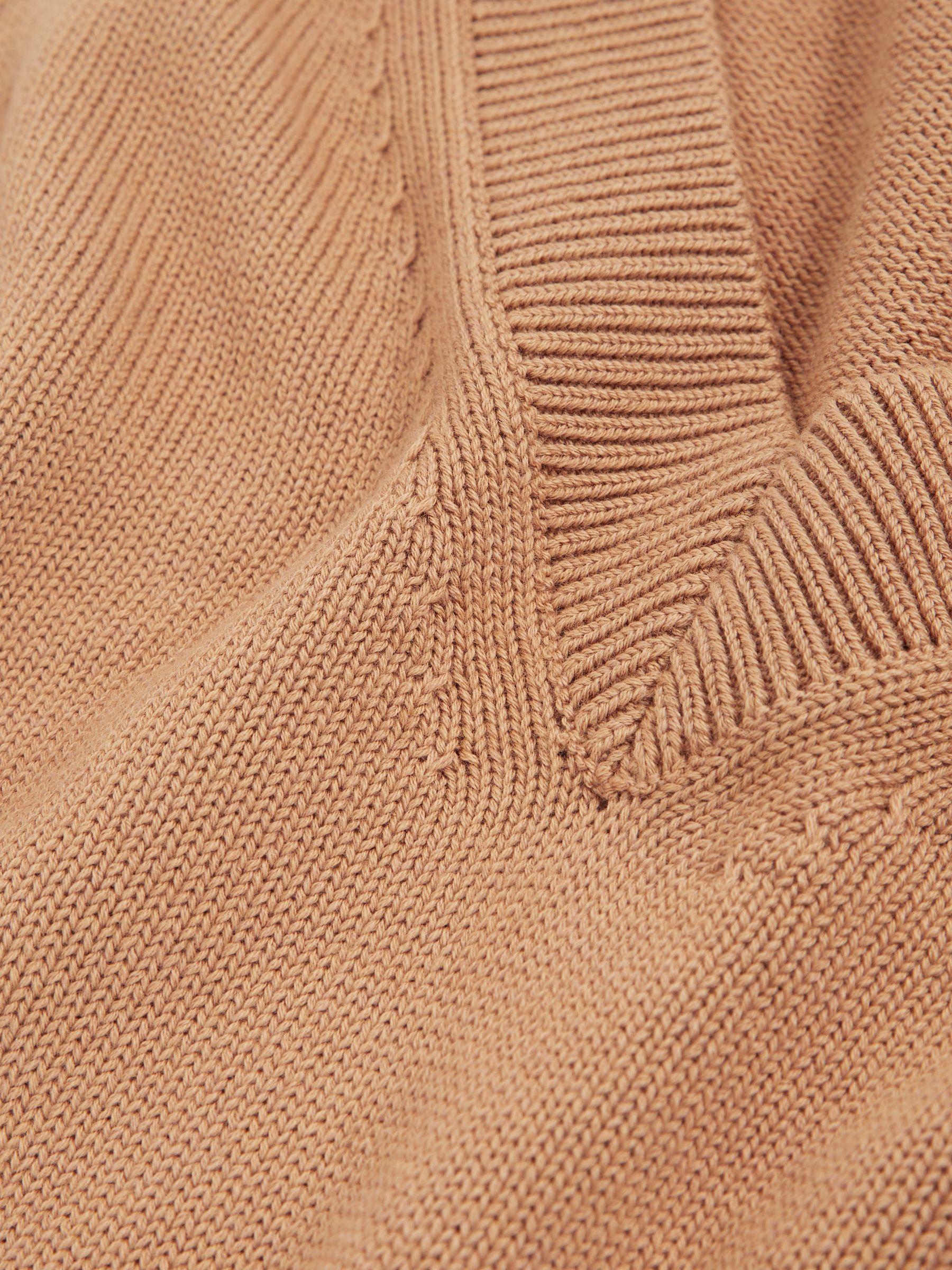 Cotton-Wool Knit V-Neck Top in Camel