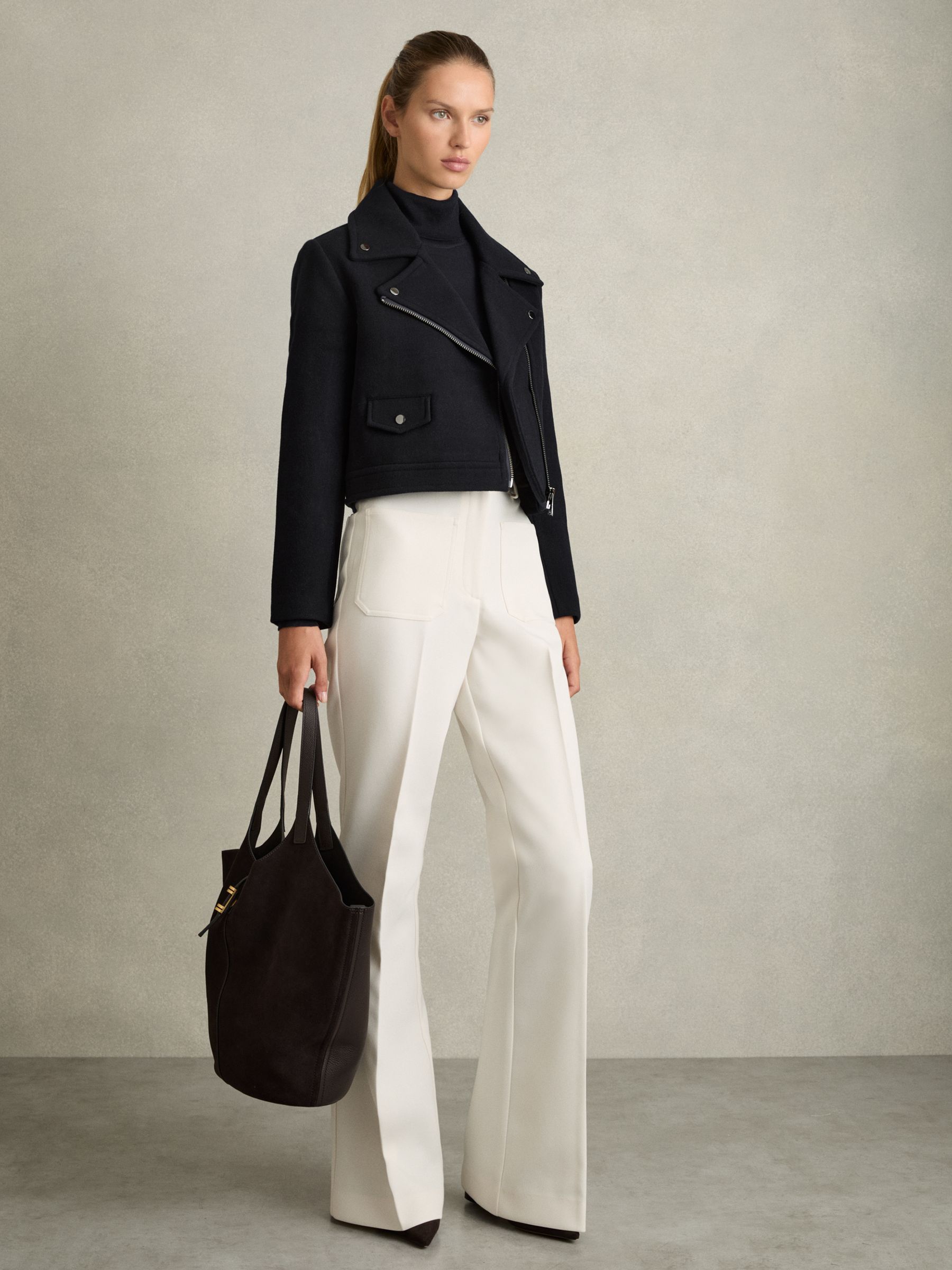 Wool-Blend Biker Jacket in Navy