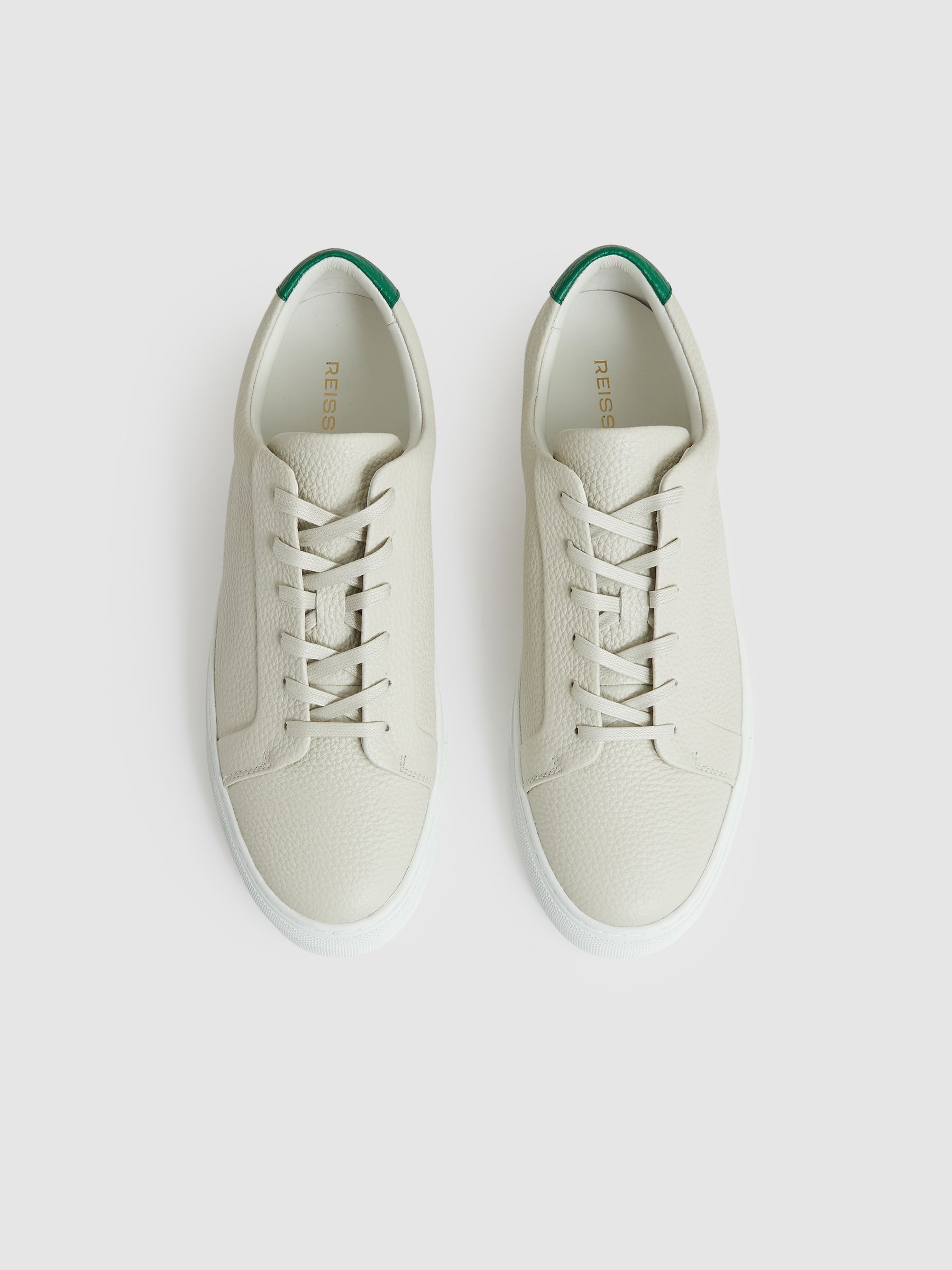 Tumbled-Leather Low-Top Trainers in Off White/Green