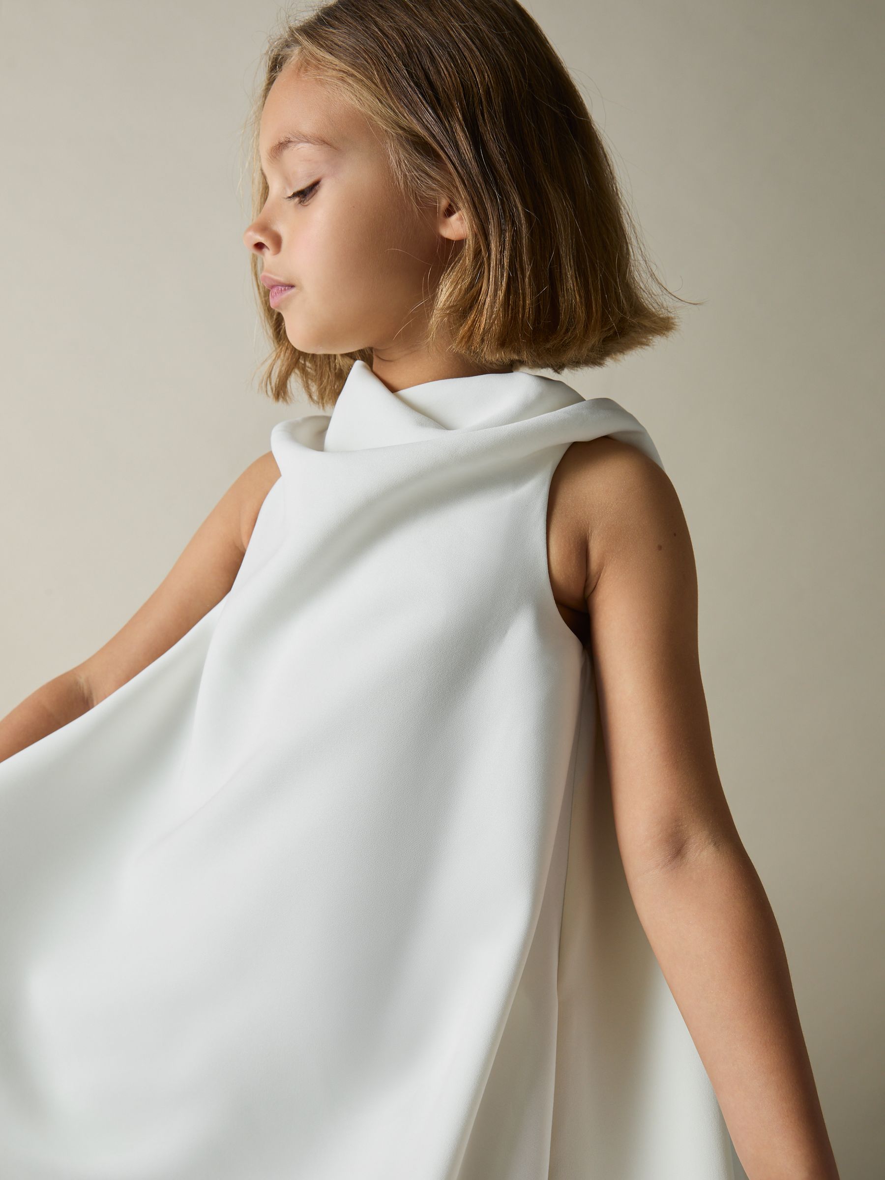 13-14 yrs High-Neck Drape Back Dress in Ivory