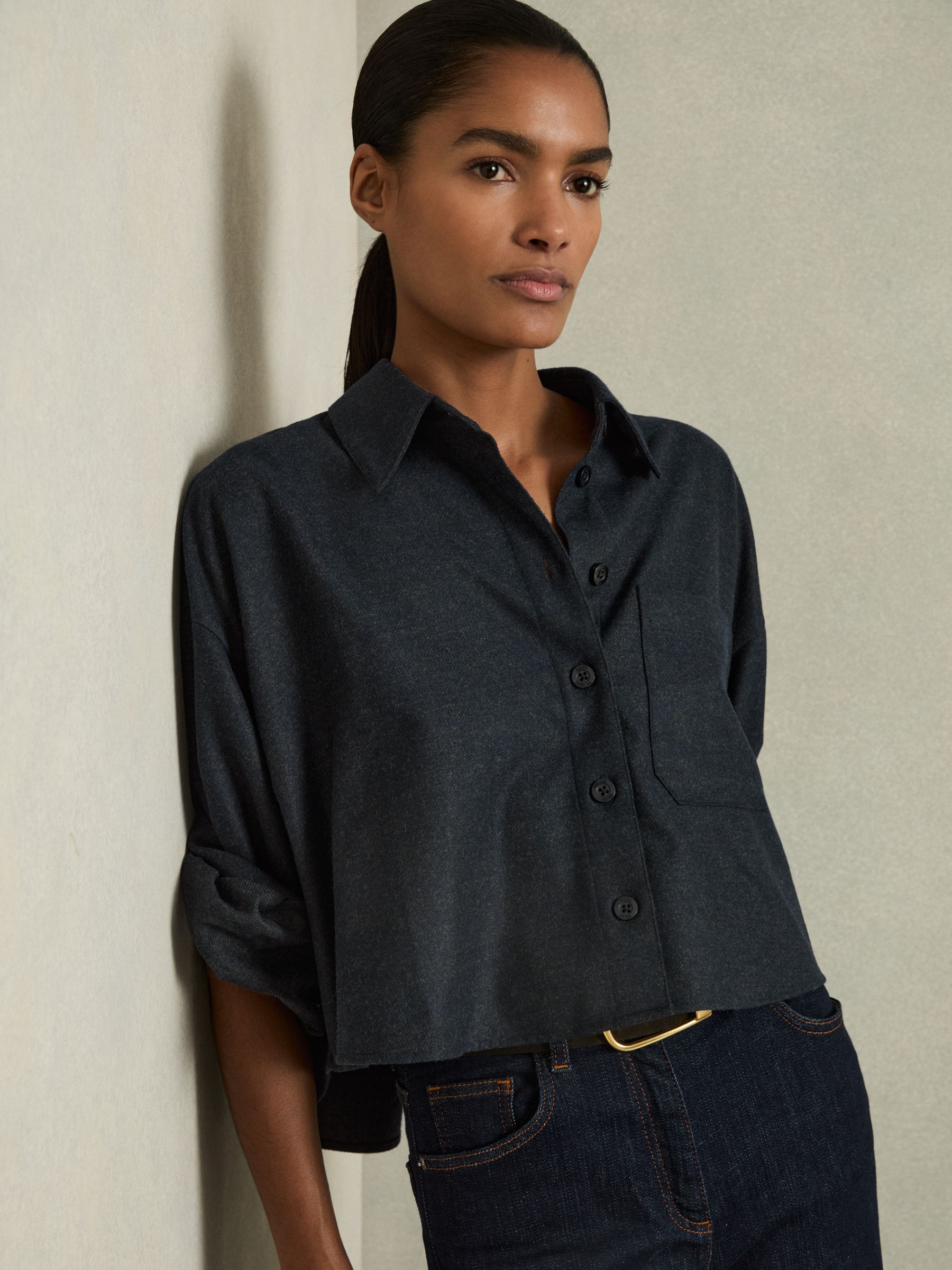 Cropped Flannel Shirt in Navy