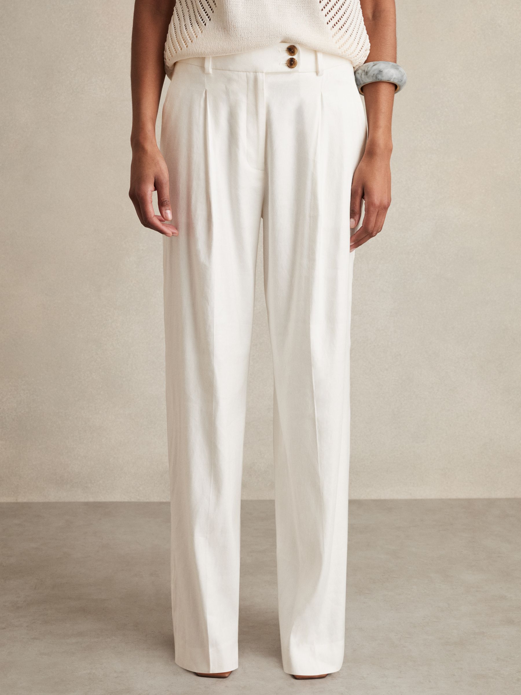 Linen-Blend Wide-Leg Trousers in White