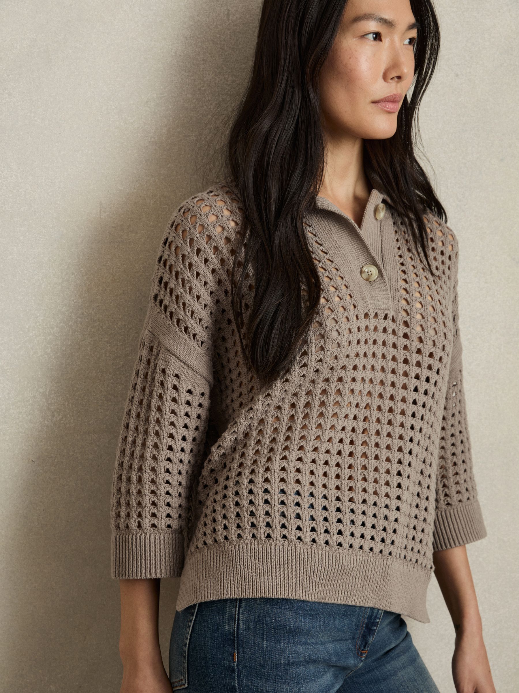 Cotton Crochet Collared Jumper in Stone