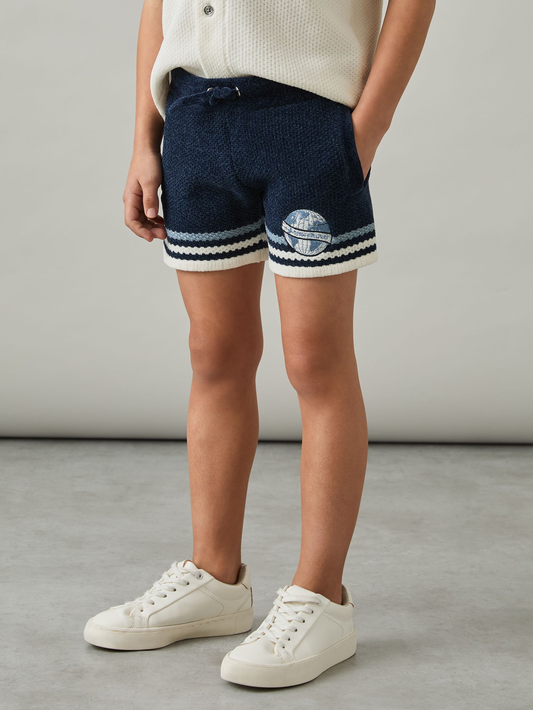 3-9 yrs Chenille Airlines Embroidery Shorts in Navy/Airforce Blue/White