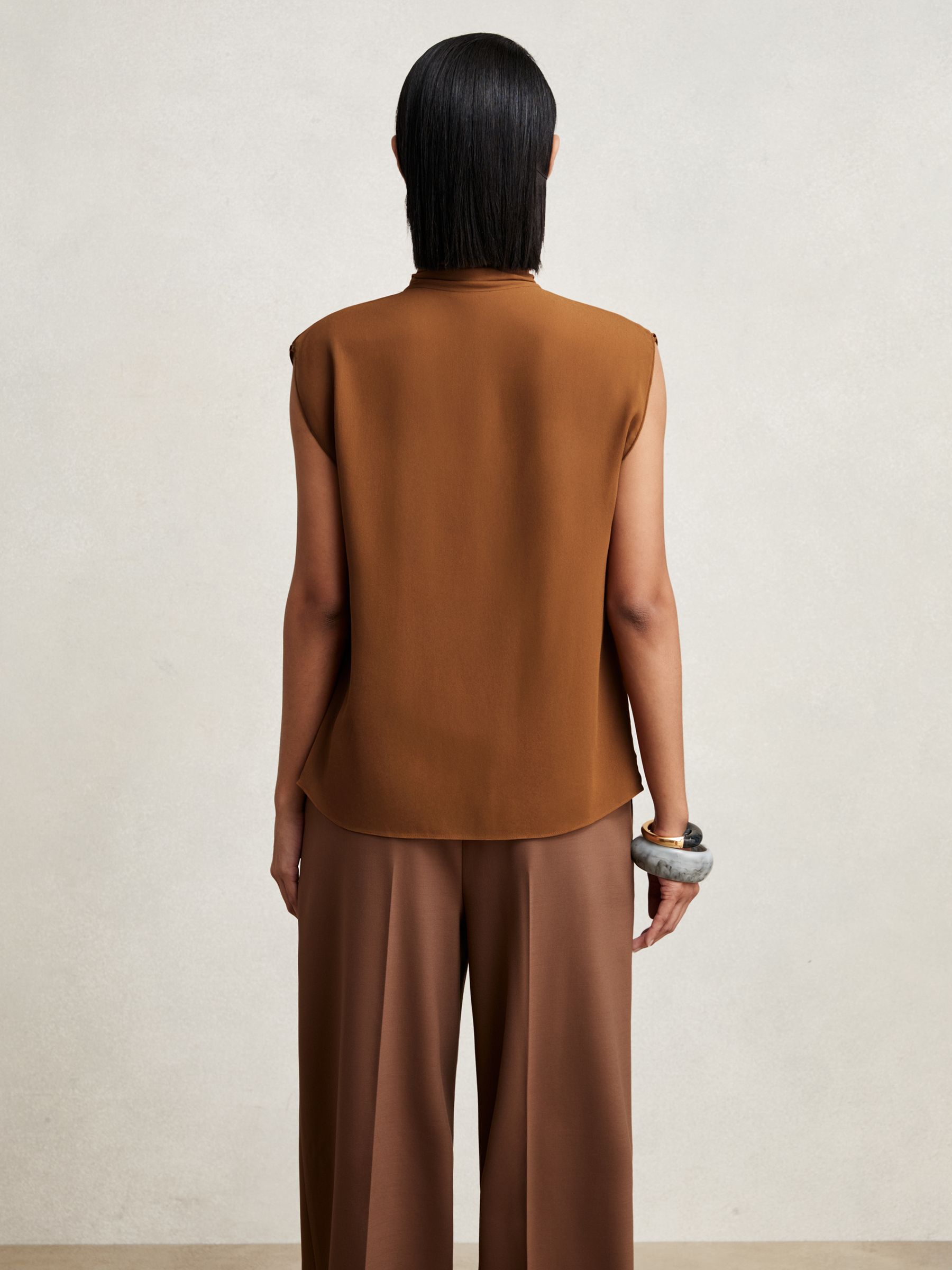 Crepe-Chiffon Ruffle Sleeveless Top in Tan Brown