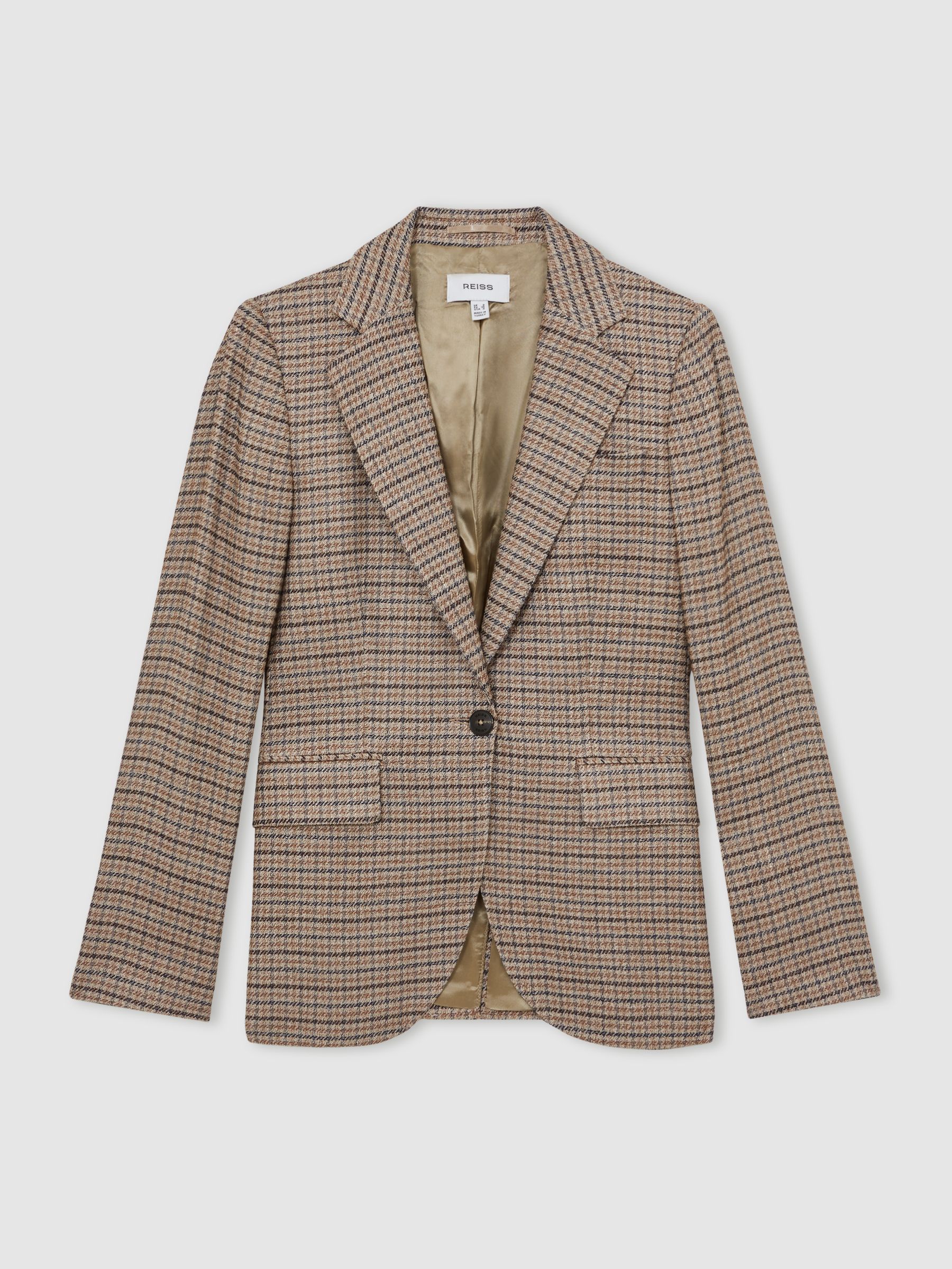 Single-Breasted Check Suit Blazer With Linen in Neutral Check