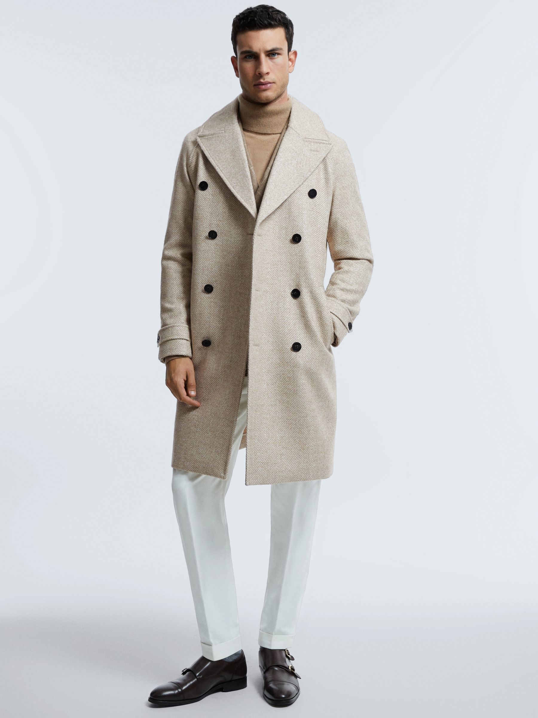Atelier Italian Wool Blend Double Breasted Coat in Oatmeal Melange