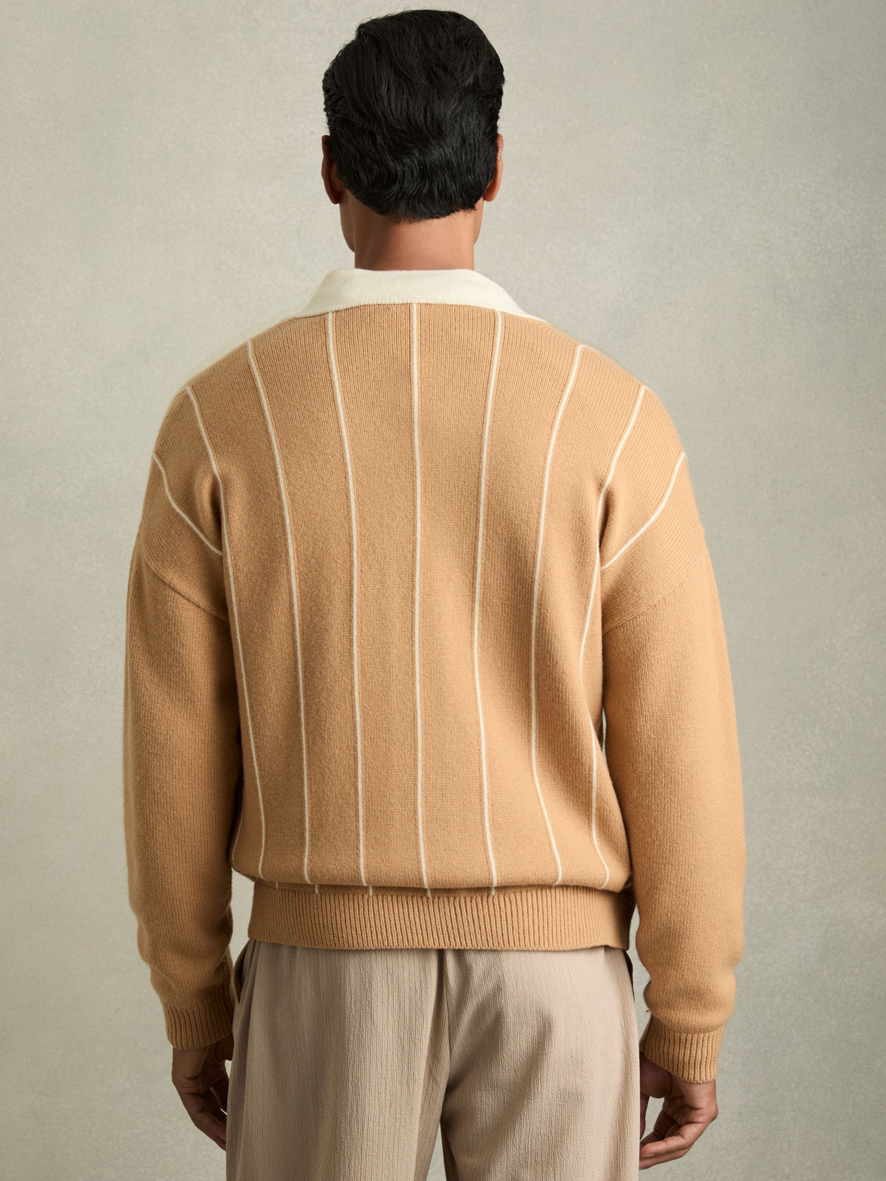 Wool-Blend Pinstripe Cardigan in Camel/White