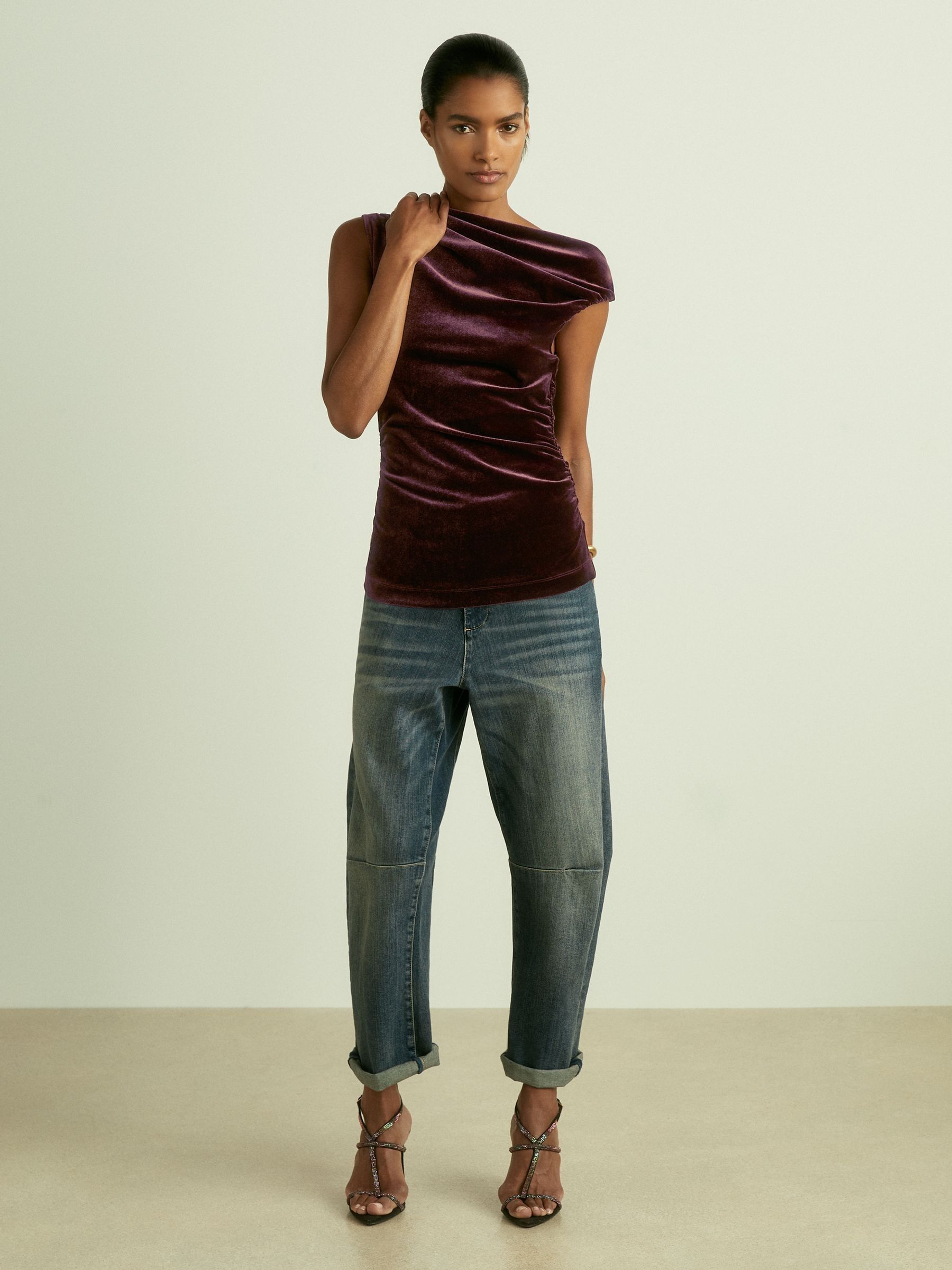 Velvet Drape Off-Shoulder Top in Berry