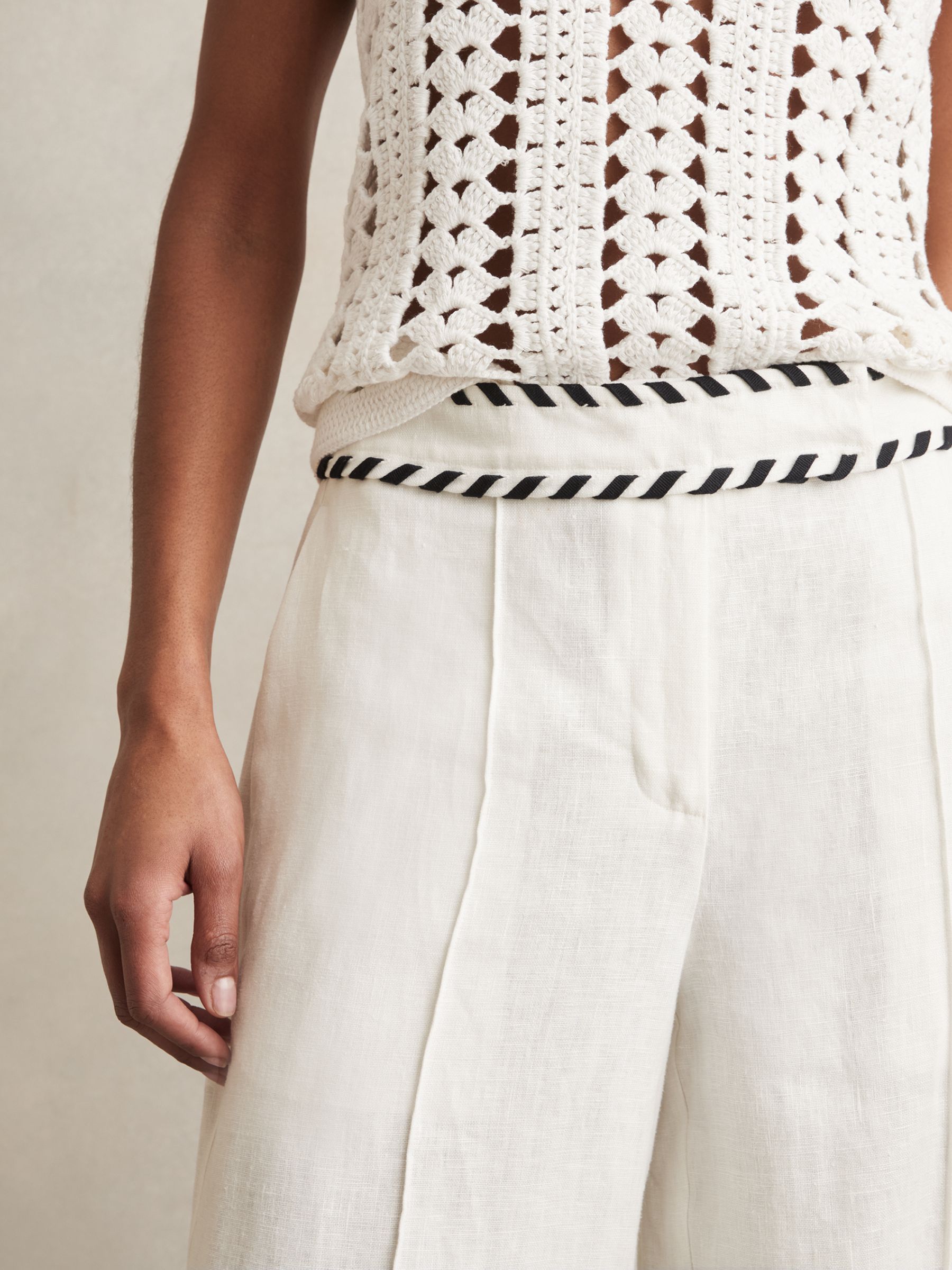 Linen Wide-Leg Whipstitch Trousers in White
