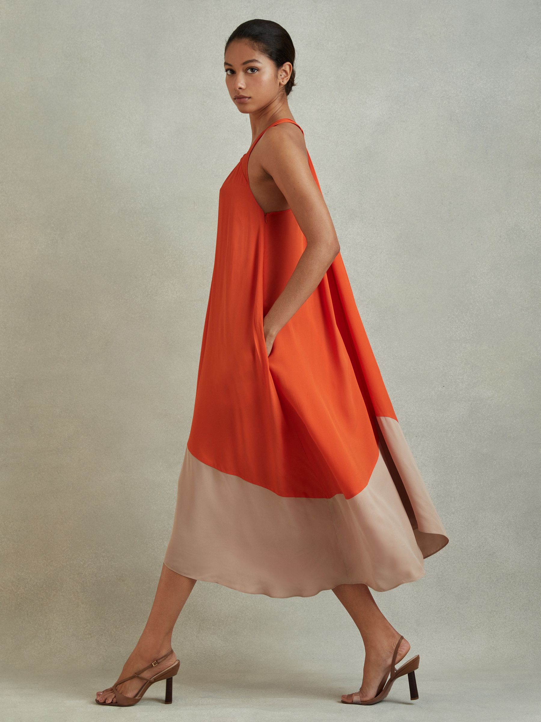 Ruched Dipped Hem Midi Dress in Orange