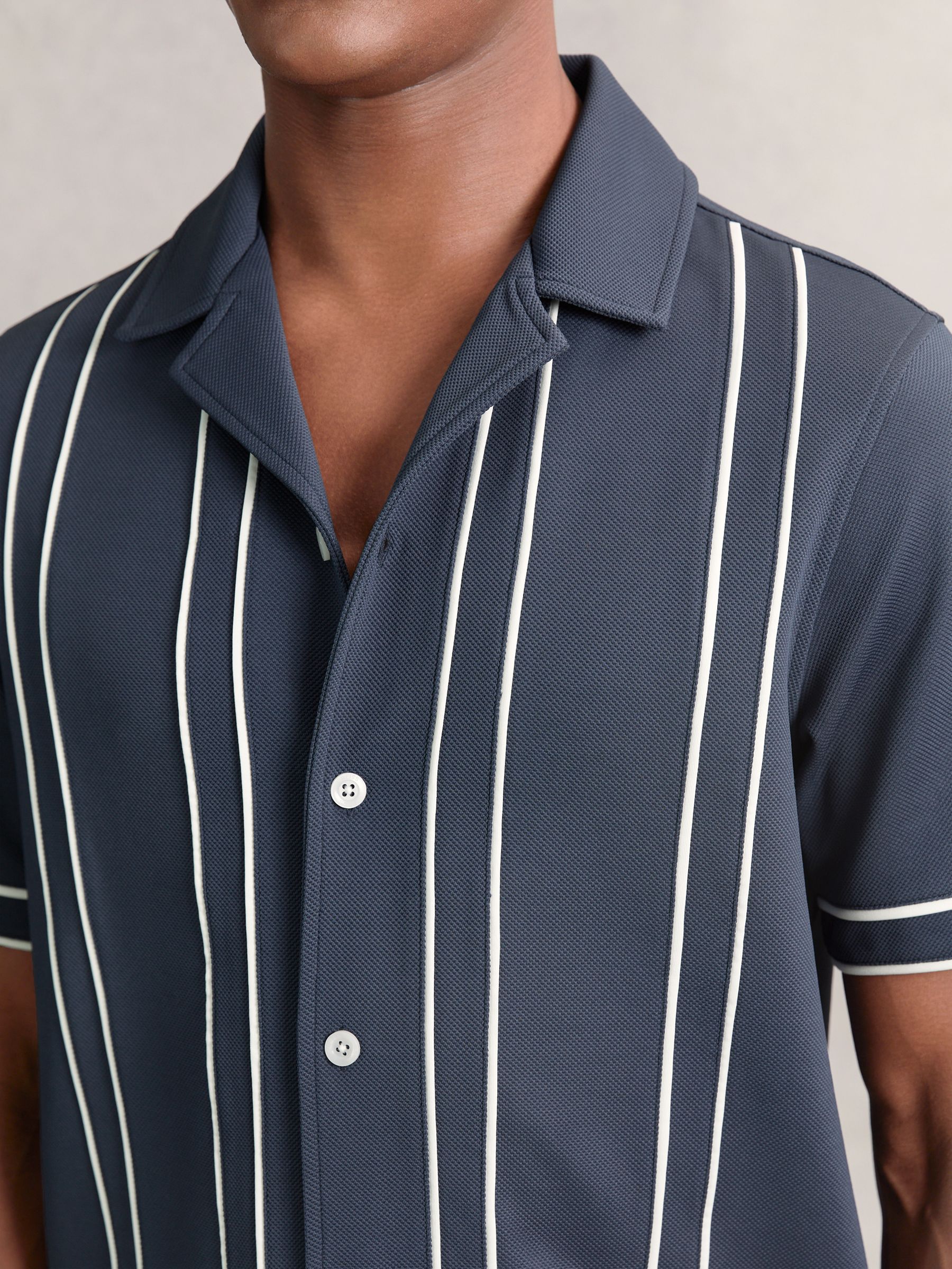 Piped-Stripe Cuban-Collar Shirt in Airforce Blue