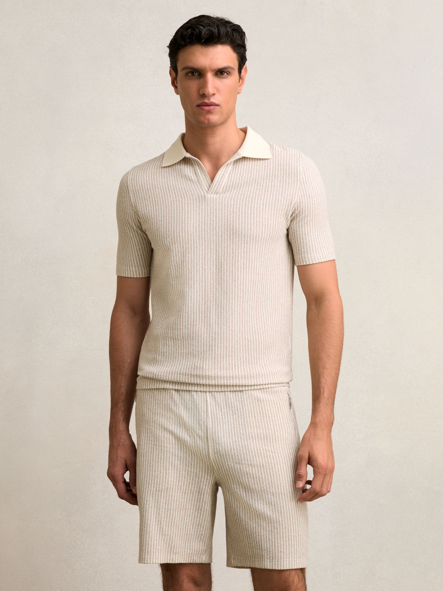 Cotton-Blend Stripe Drawstring Shorts in Ecru/Taupe Brown