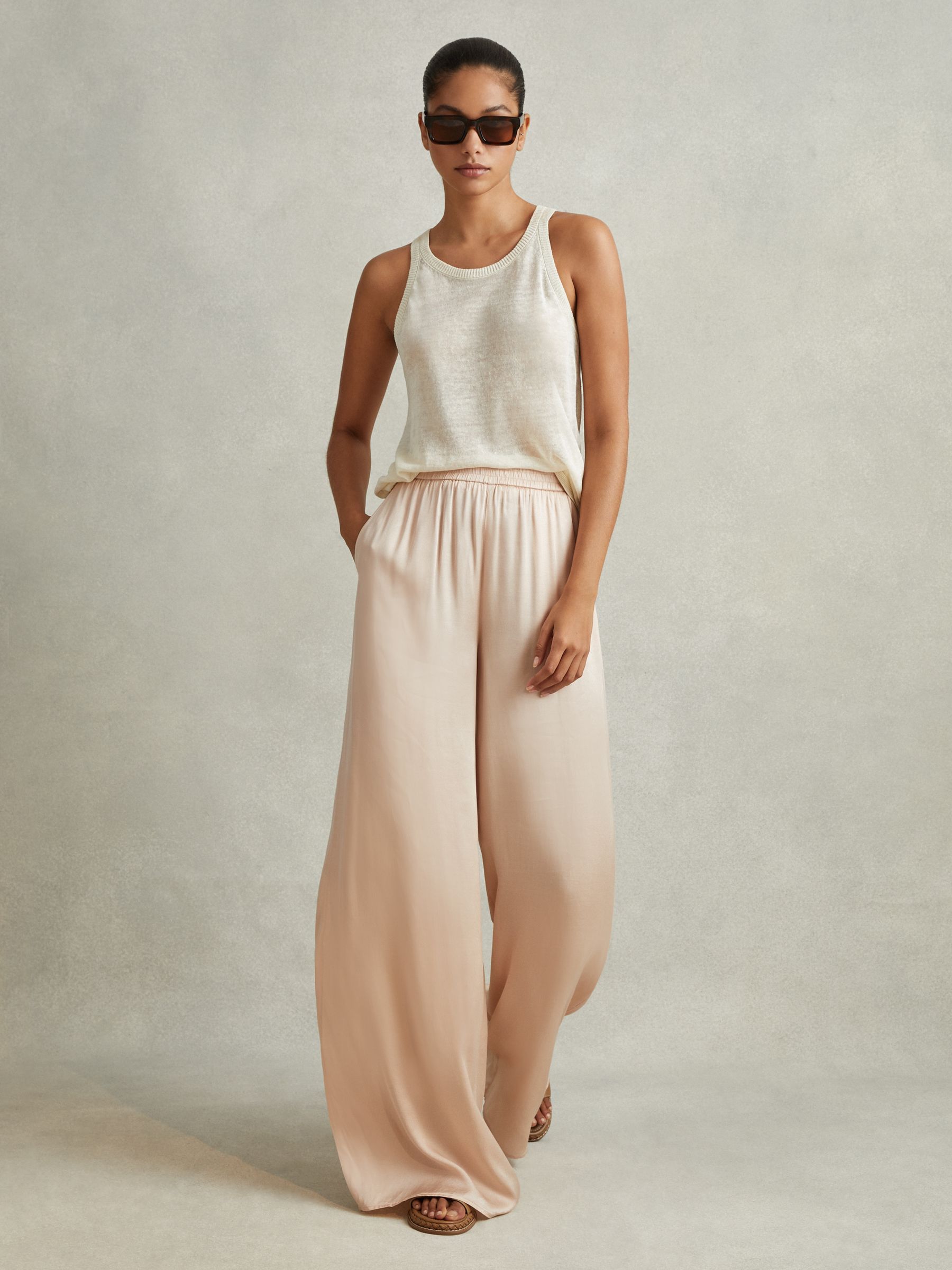 Satin Elasticated Waist Wide Leg Trousers in Champagne