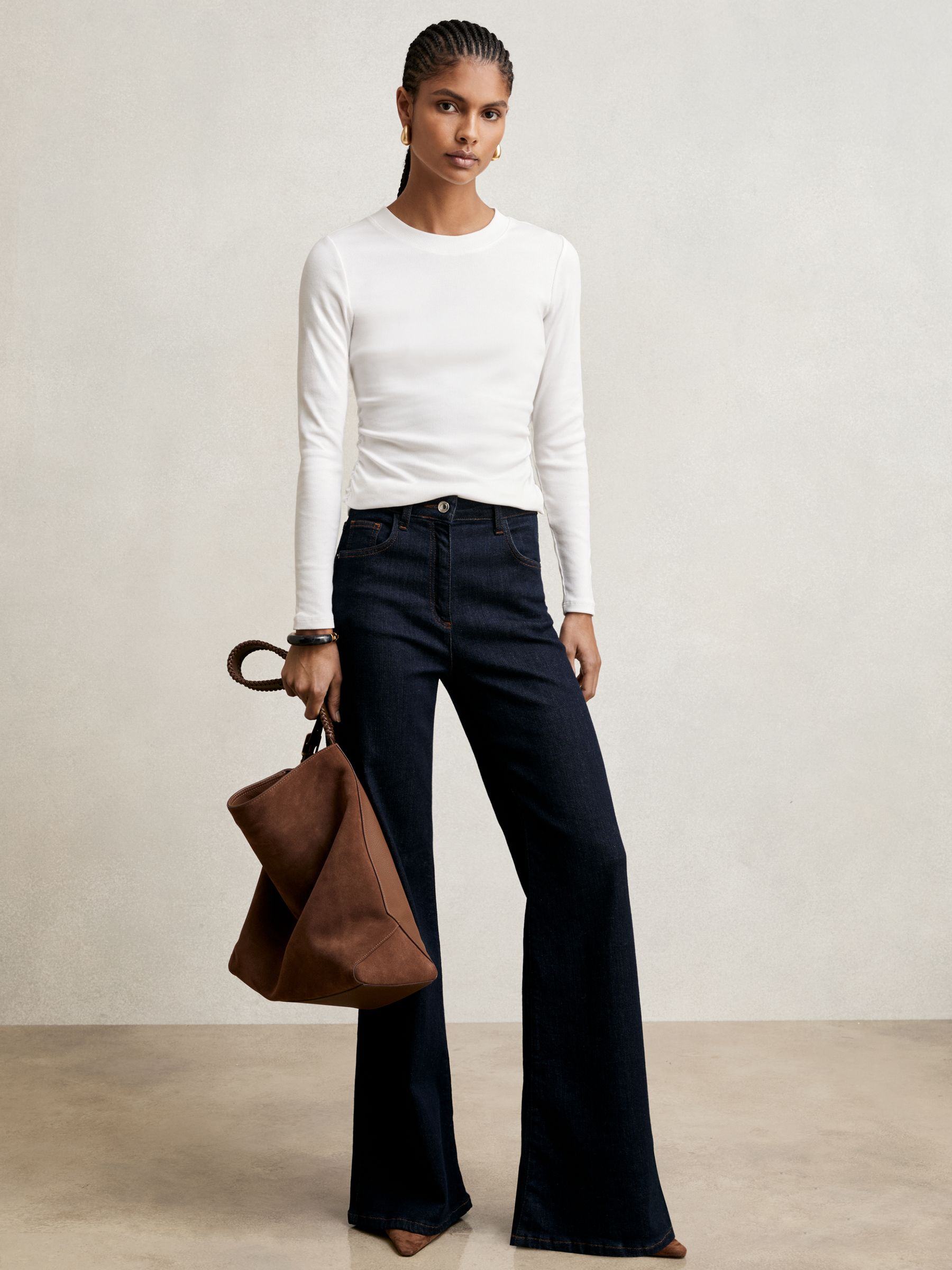 Cotton Long-Sleeve Ruched T-Shirt with Stretch in White