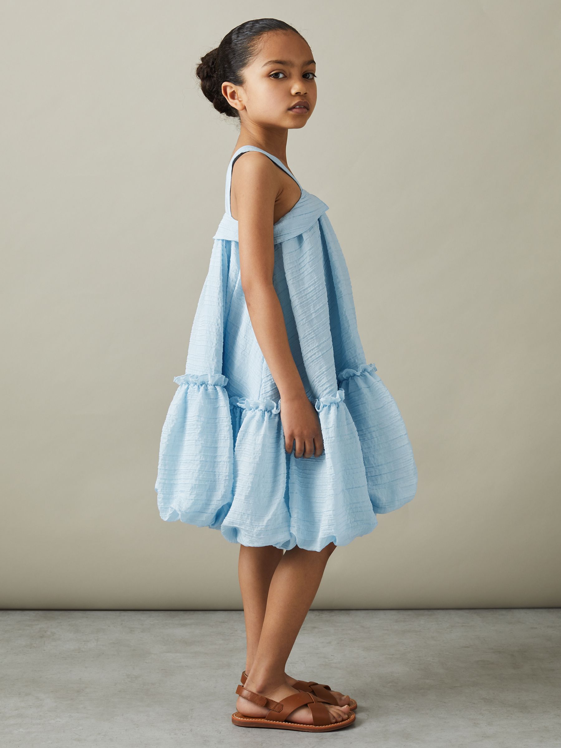 9-13 yrs Seersucker Bubble Hem Dress in Blue