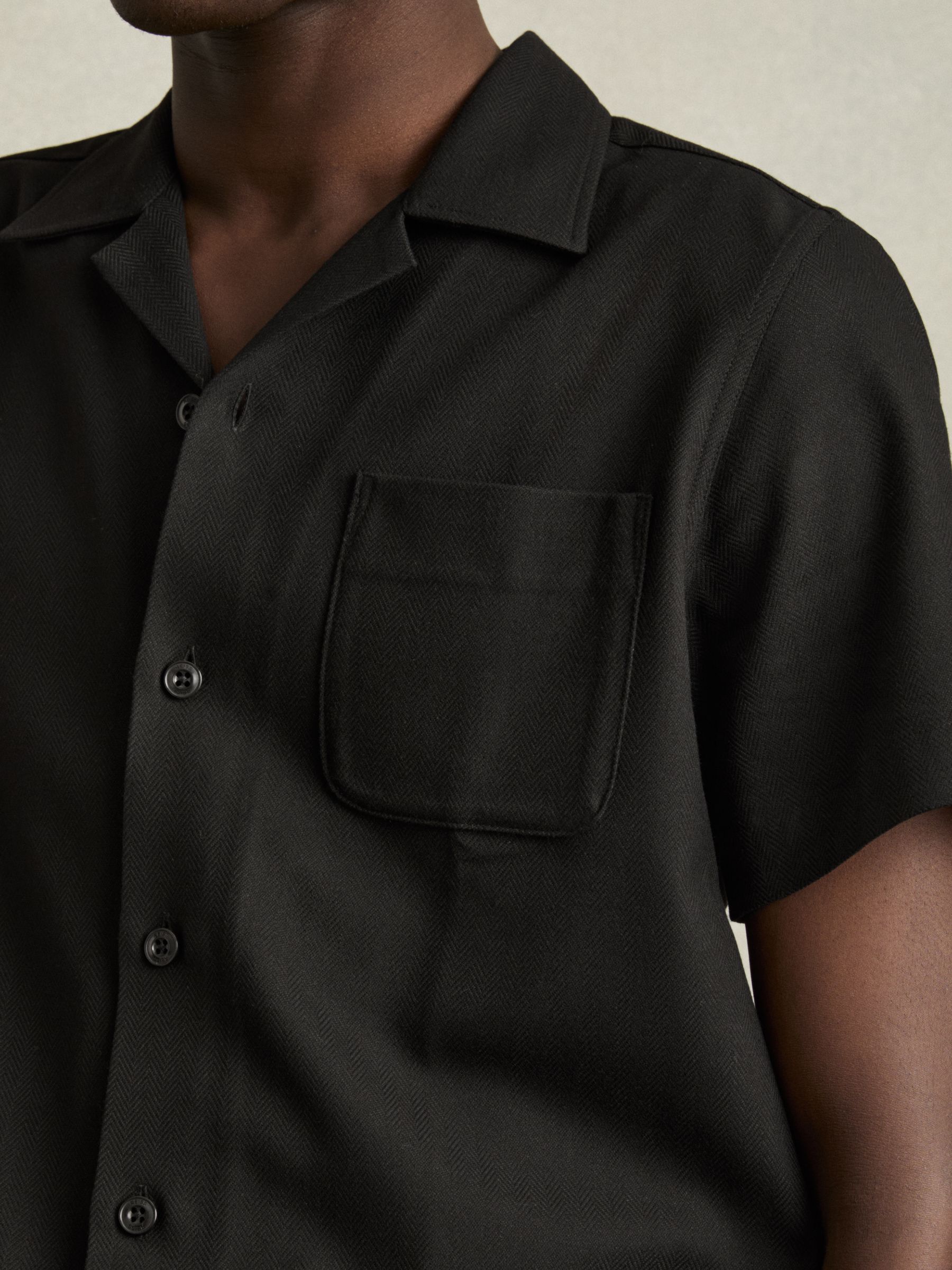 Herringbone Twill Cuban Collar Short Sleeve Shirt in Black