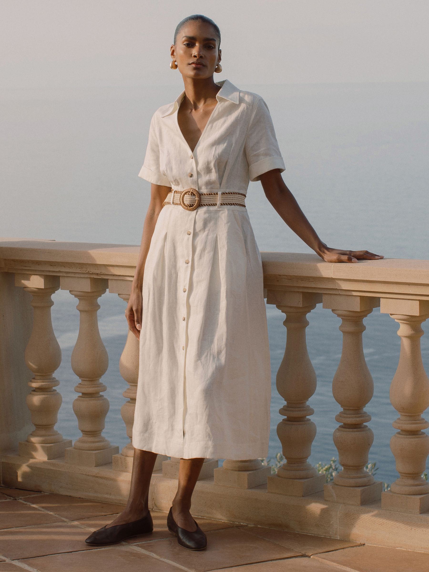 Linen Belted Midi Shirt Dress in Ivory