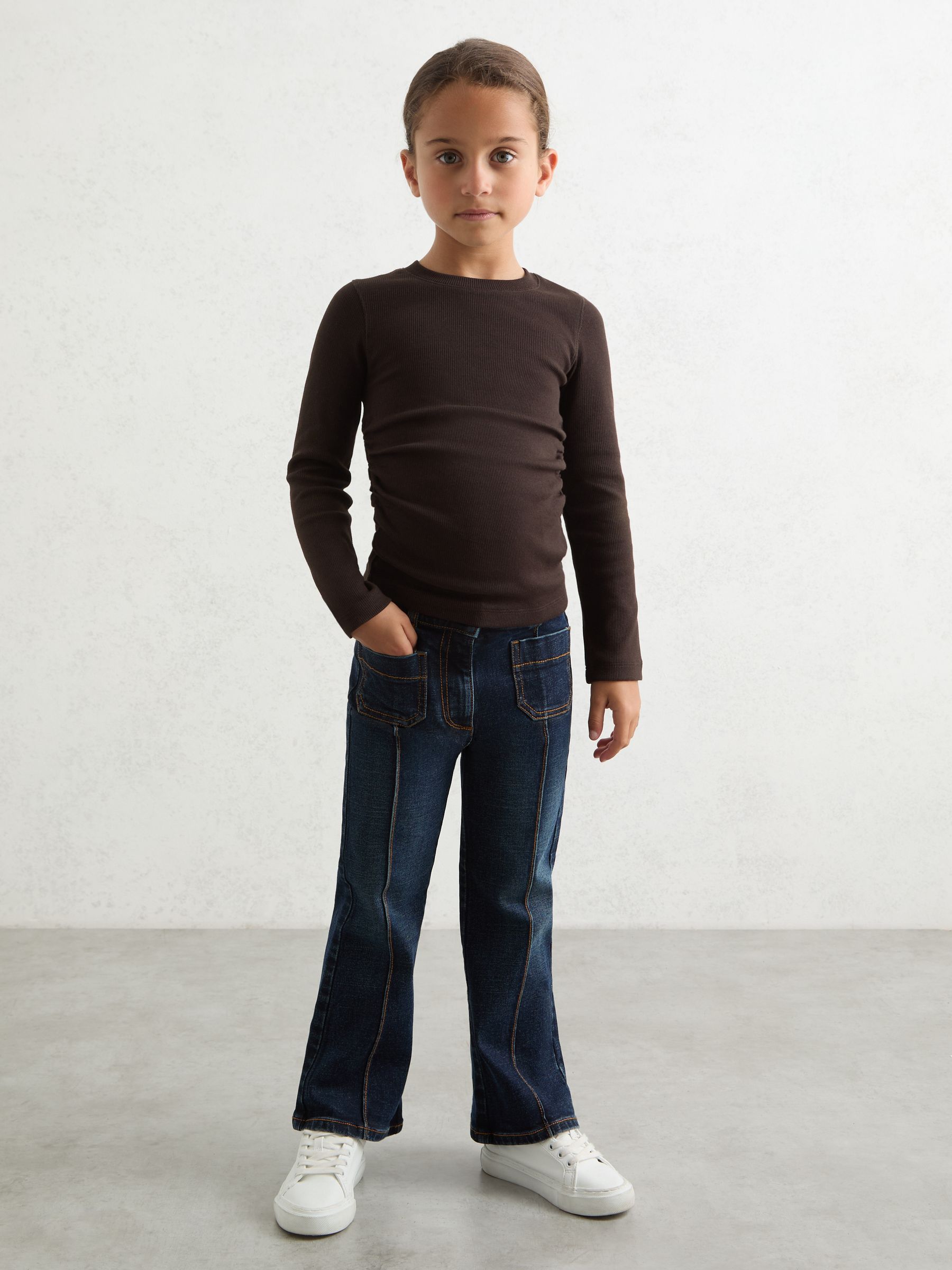 9-13 yrs Cotton Ruched Long-Sleeve T-Shirt with Stretch in Chocolate