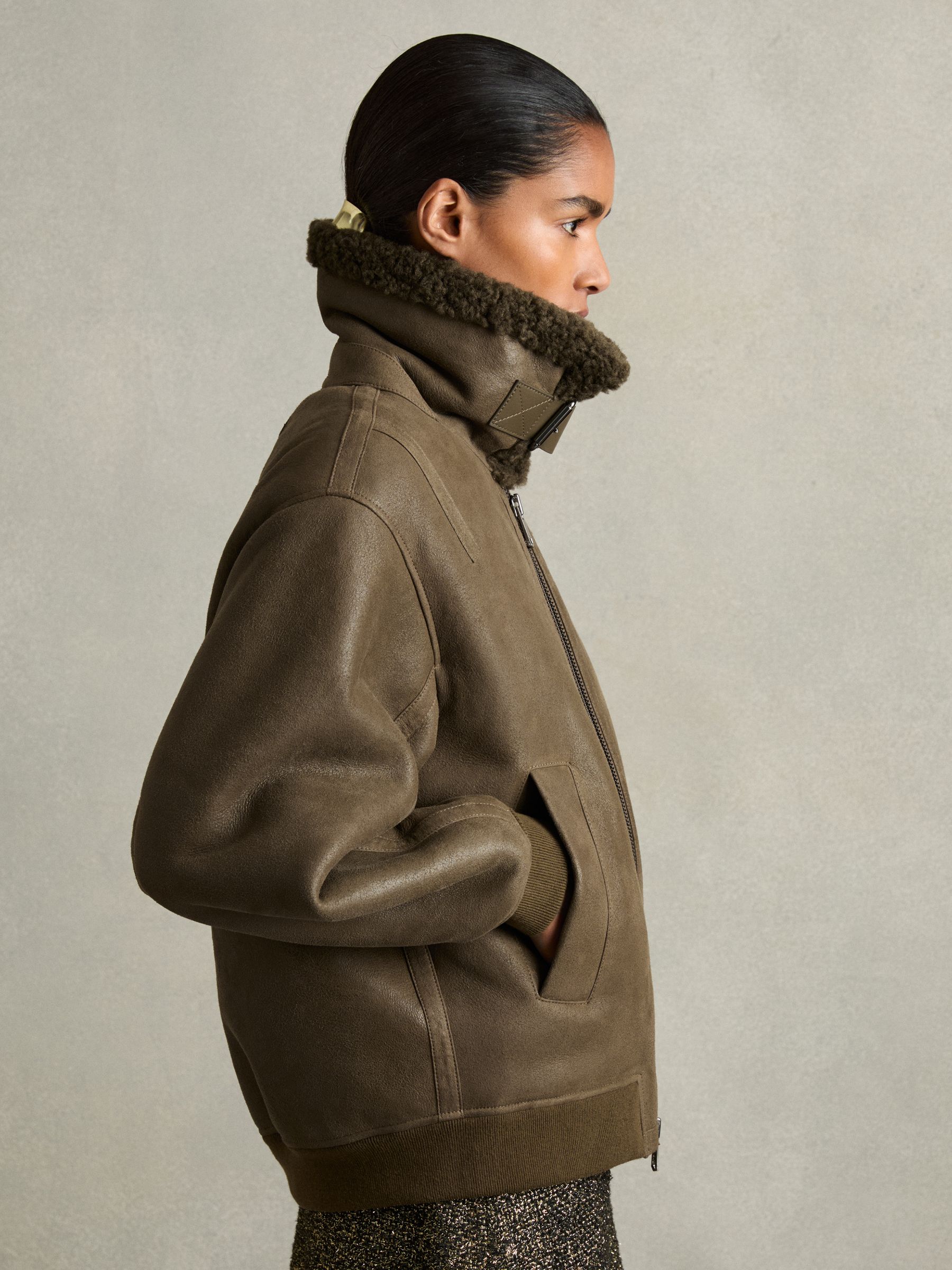 Shearling Aviator Jacket in Dark Khaki
