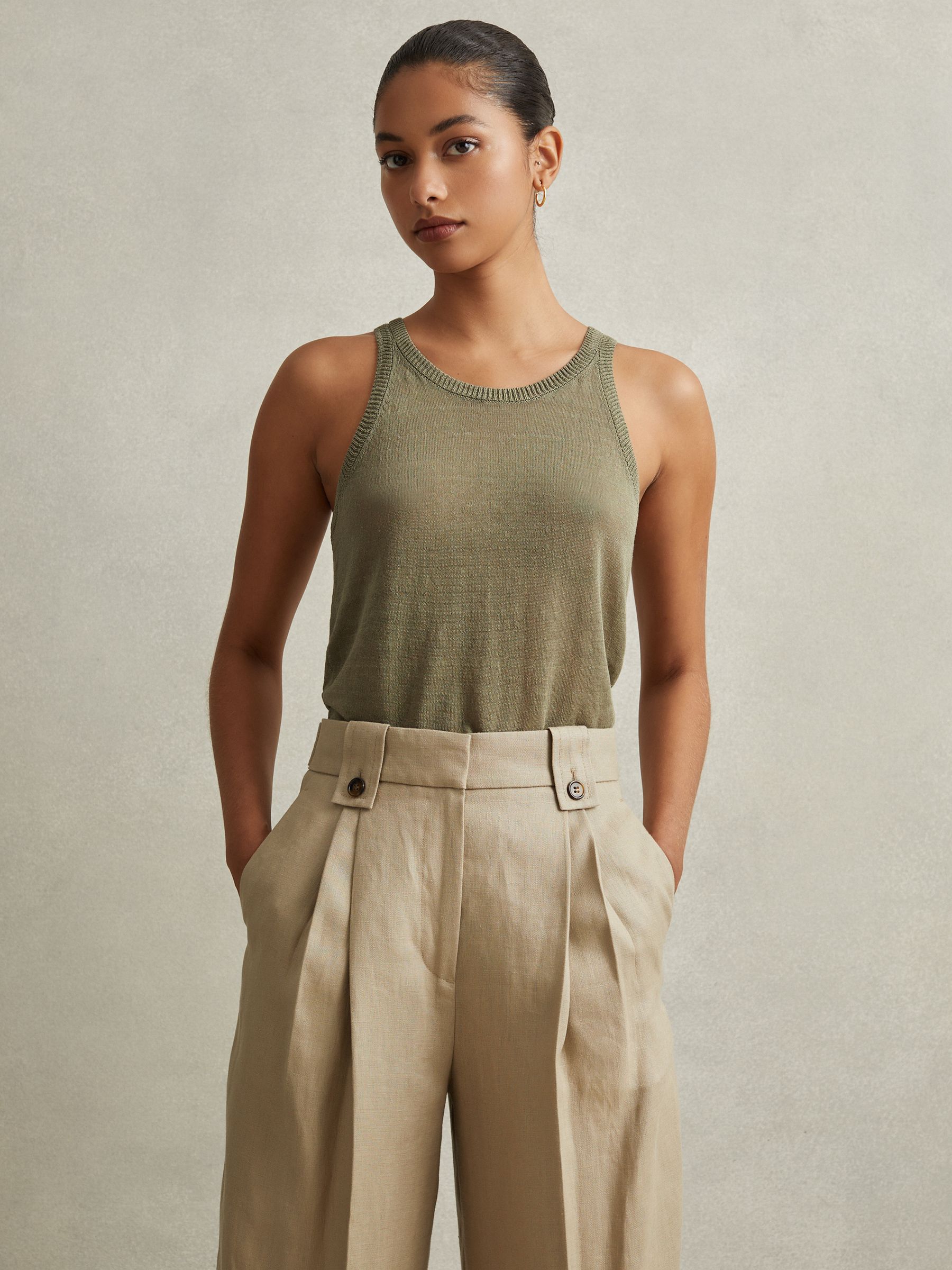 Linen Front Pleat Trousers in Light Khaki