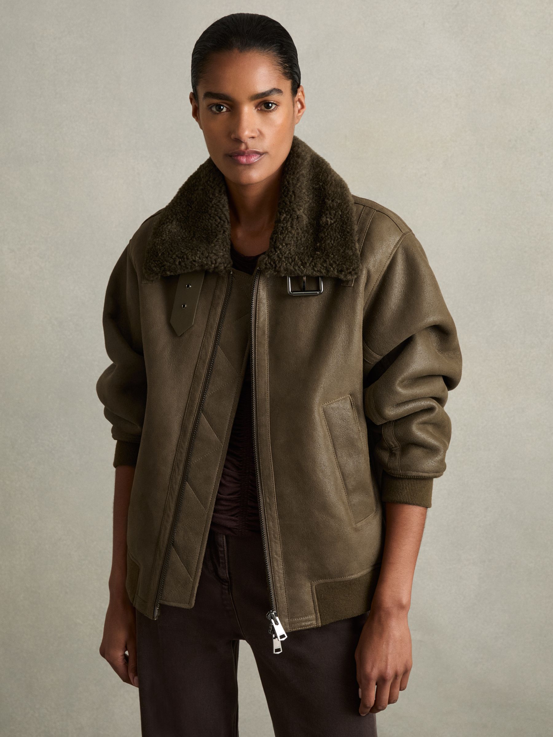 Shearling Aviator Jacket in Dark Khaki