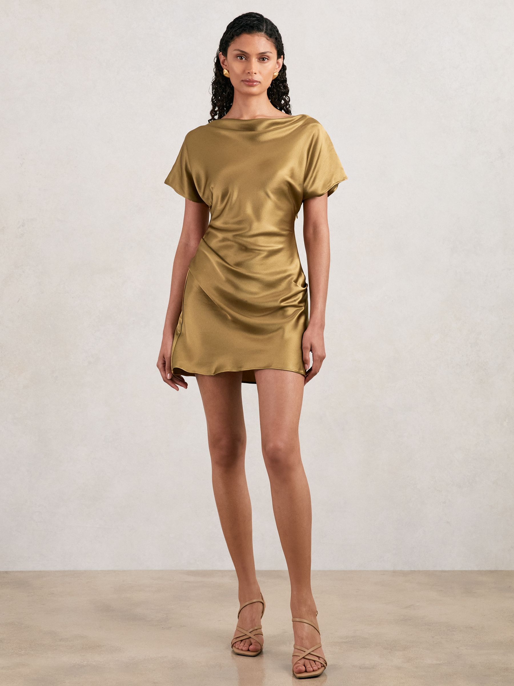 Acler Draped Satin Mini Dress in Gold Moss