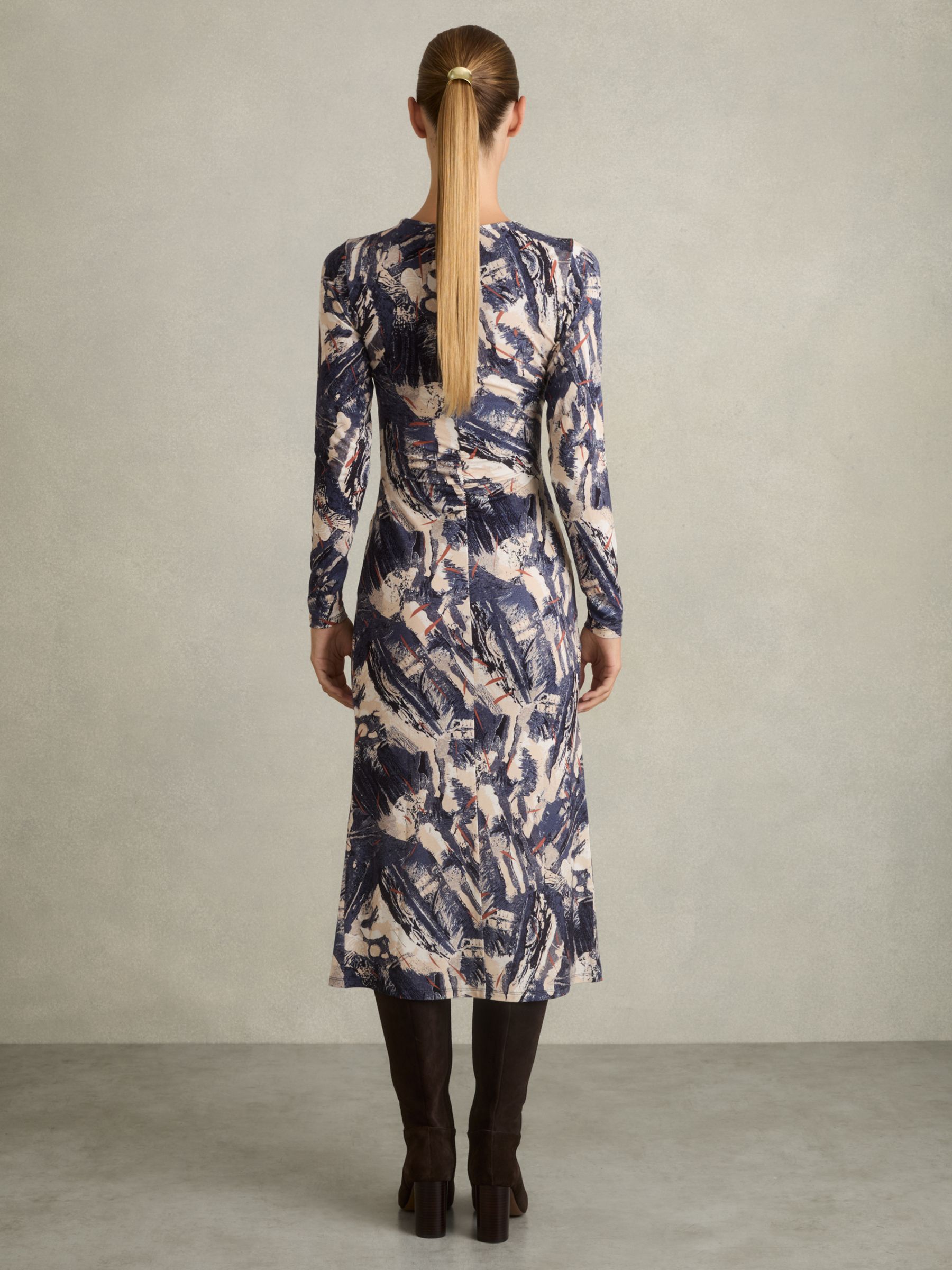 Printed Ruched Midi Dress in Navy/Neutral