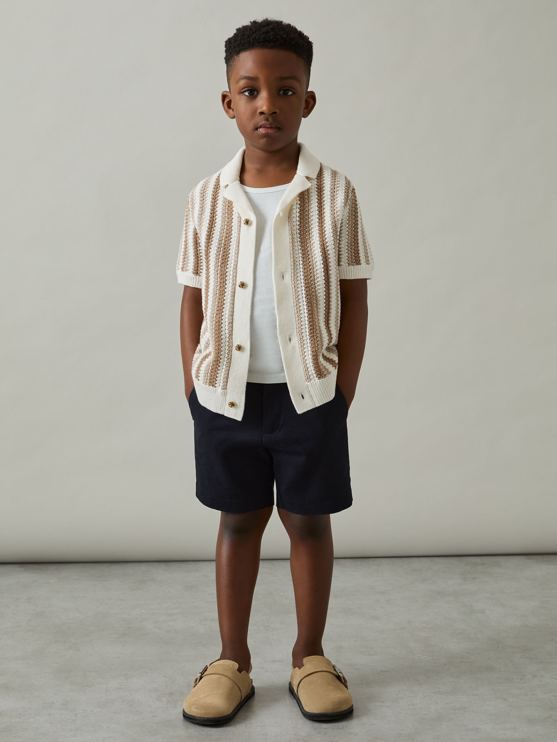 9-13 yrs Cotton Crochet Stripe Cuban Shirt in Natural