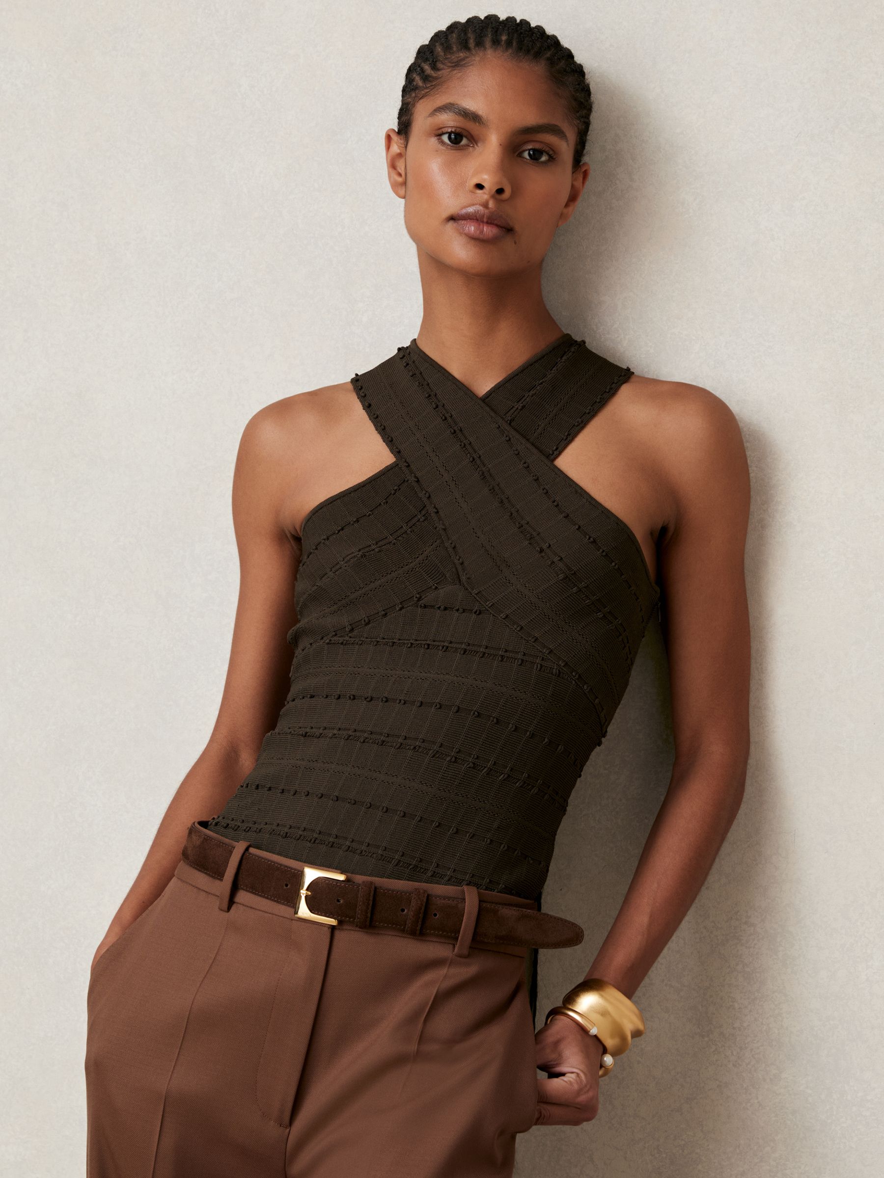 Cross Neck Textured Top in Chocolate