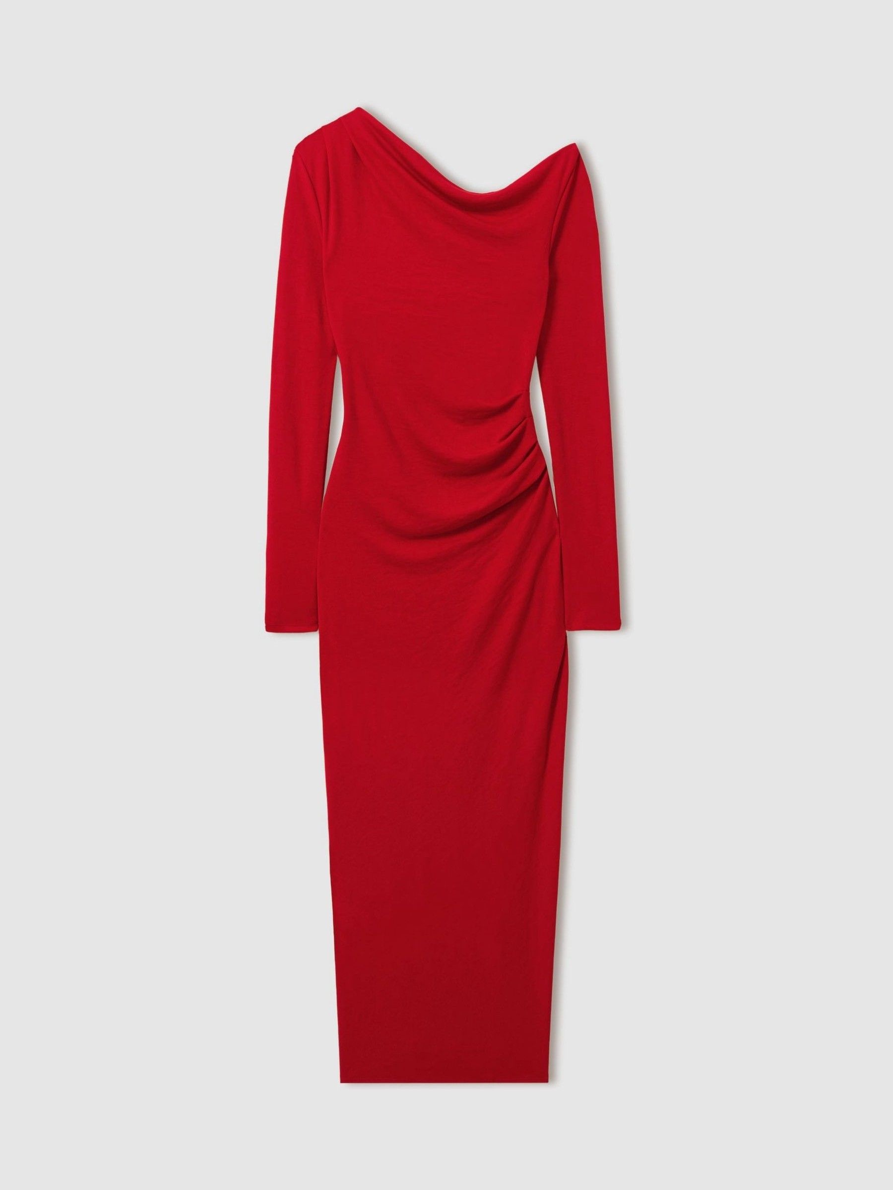 Off-The-Shoulder Jersey Midi Dress in Red