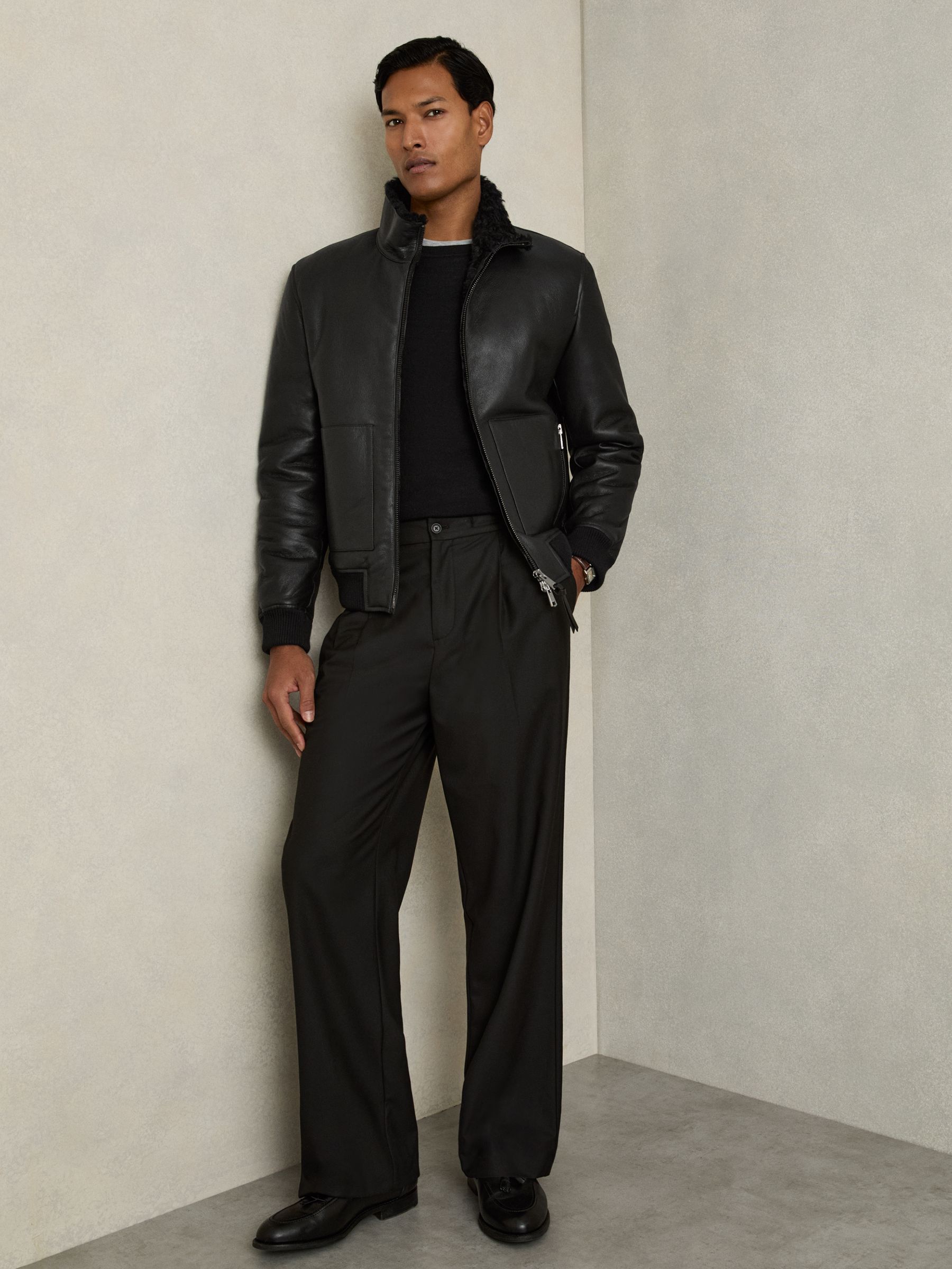 Shearling Lined Leather Jacket in Black