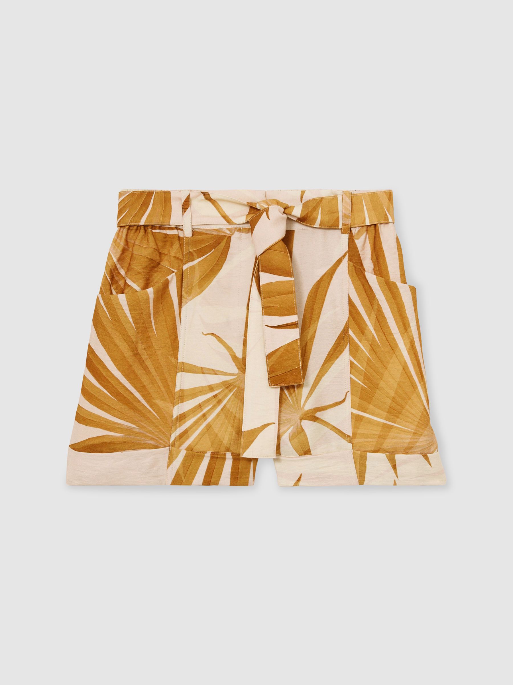 Palm Print Belted Shorts in Neutral