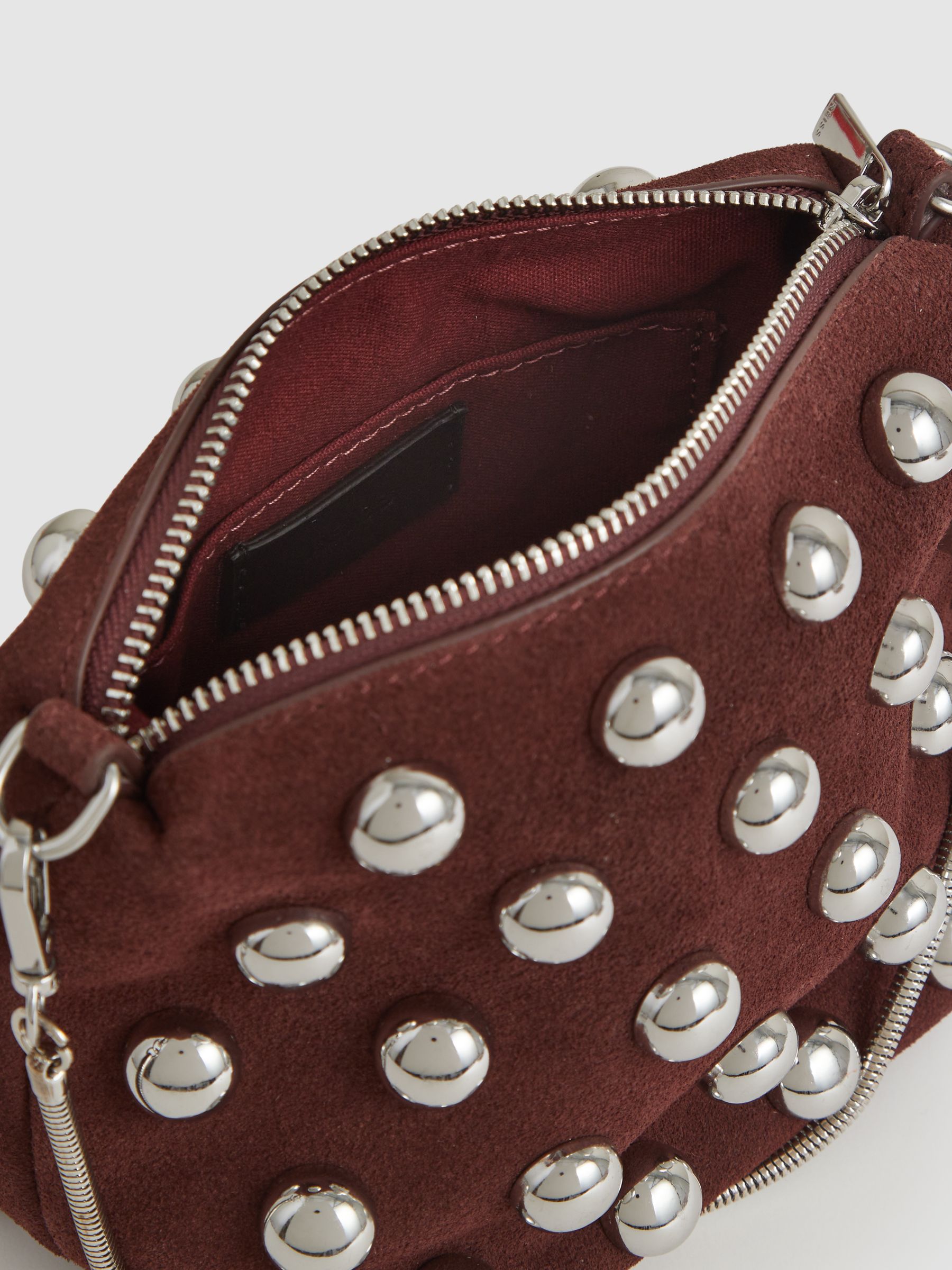 Suede Studded Shoulder Bag in Oxblood