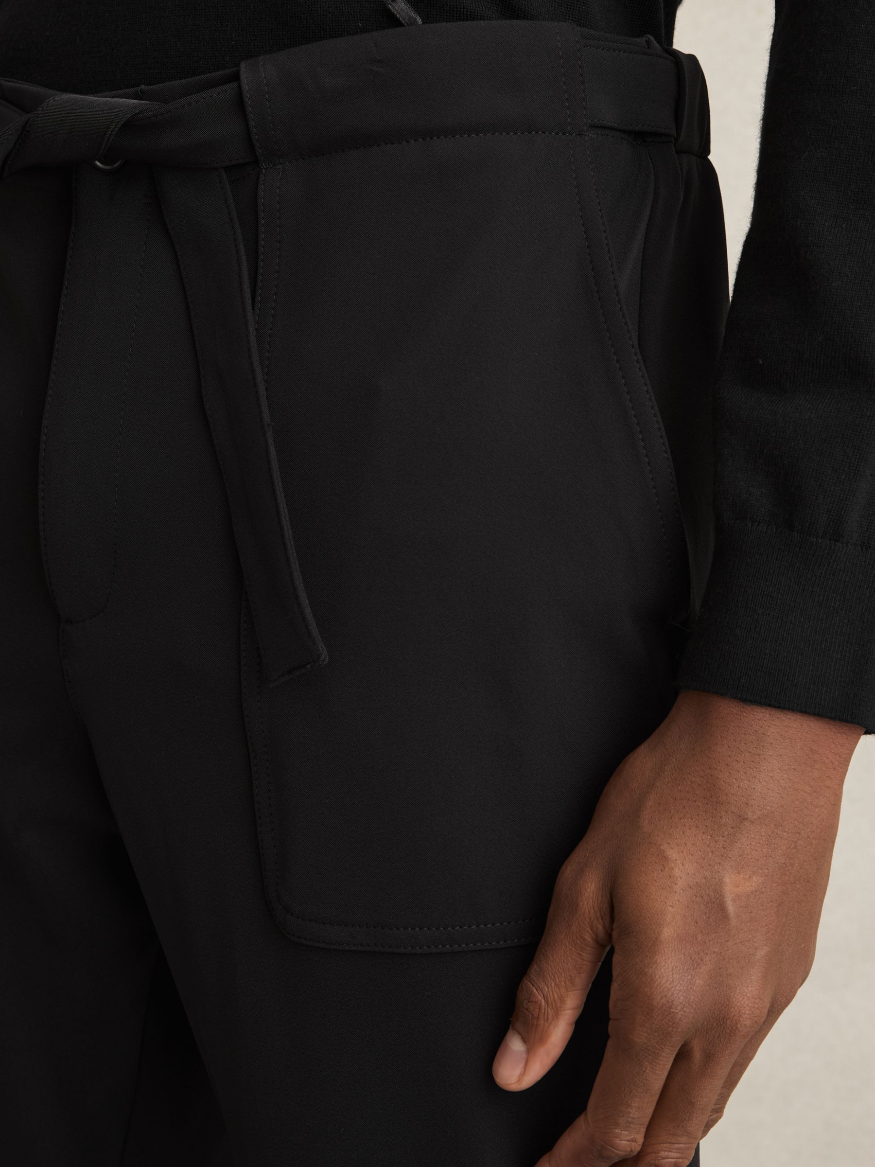 Belted Technical Tapered Trousers in Black